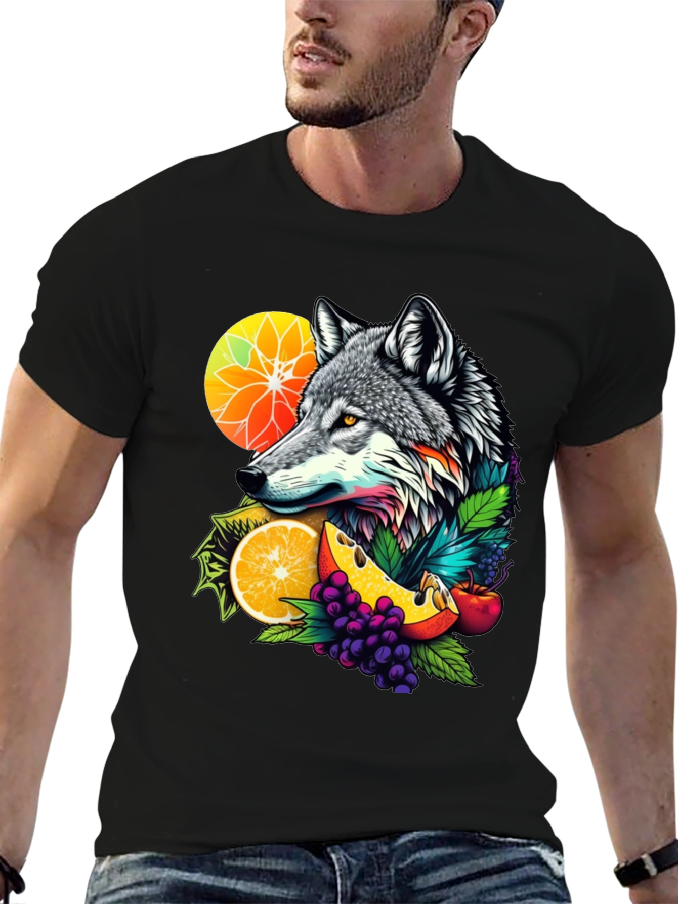 Wolf & Fruit Graphic Tee - Nature Inspired Design