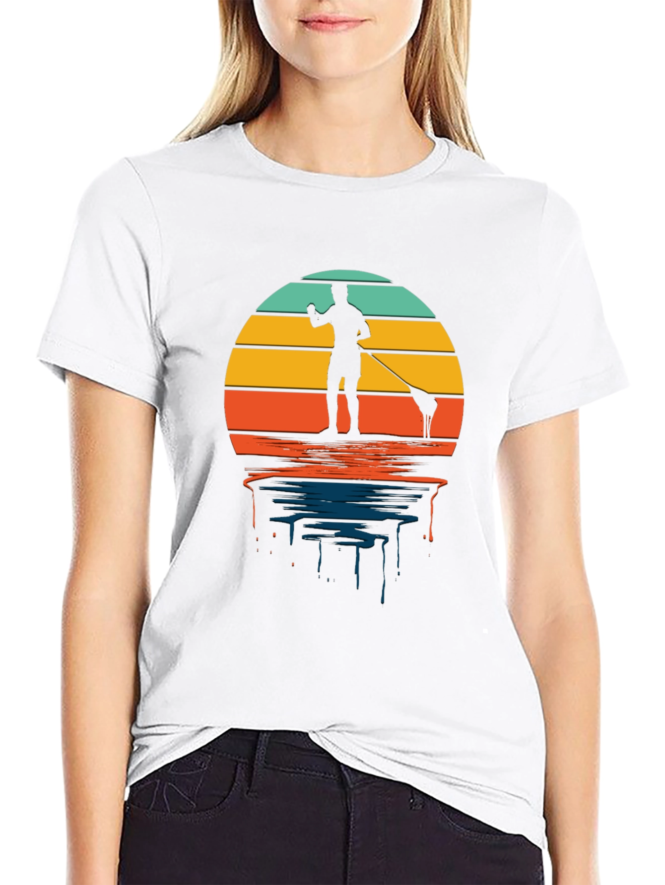 Retro Paddle Boarding T-Shirt - Sunset Design