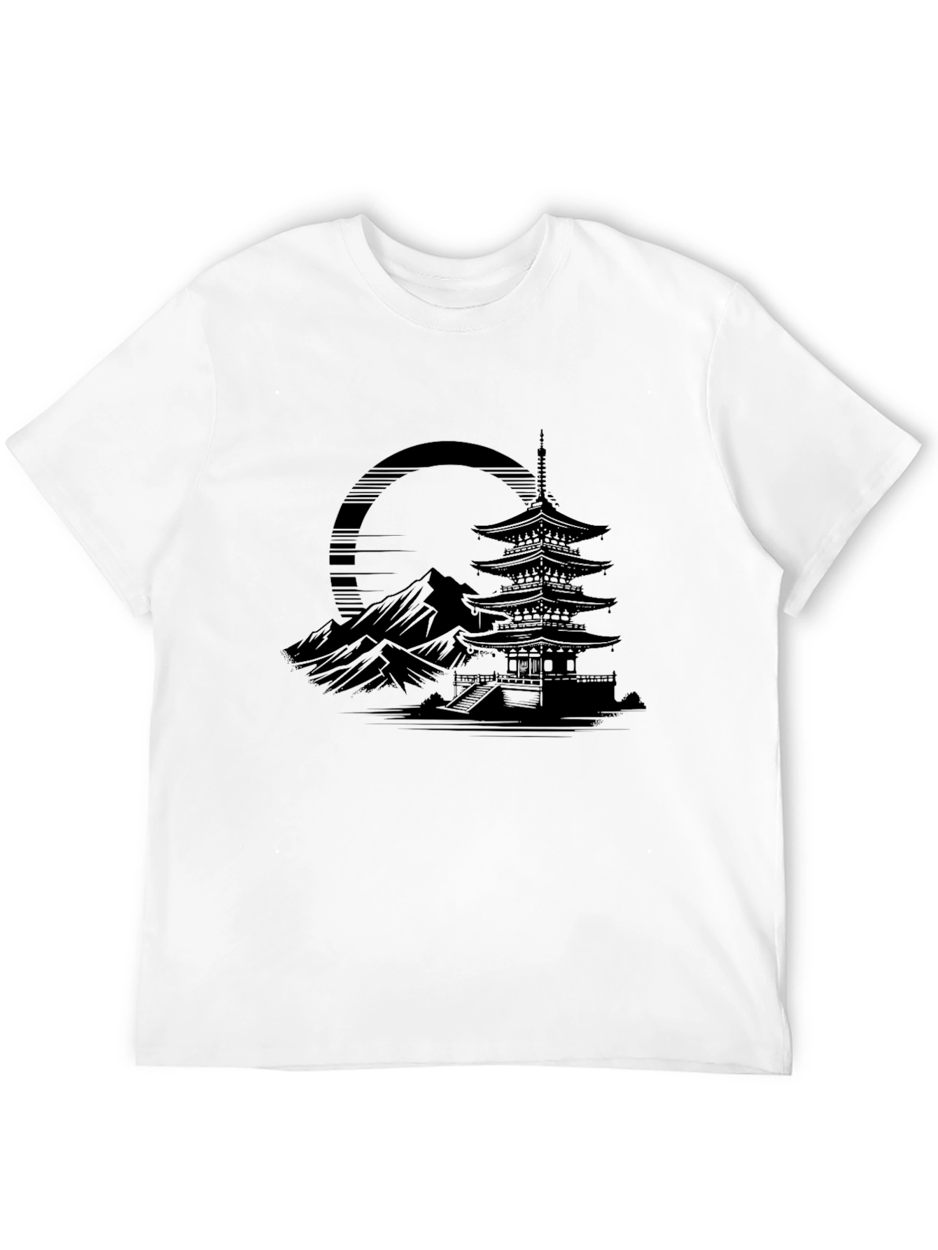 Mens Black T-Shirt with Japanese Temple Graphic
