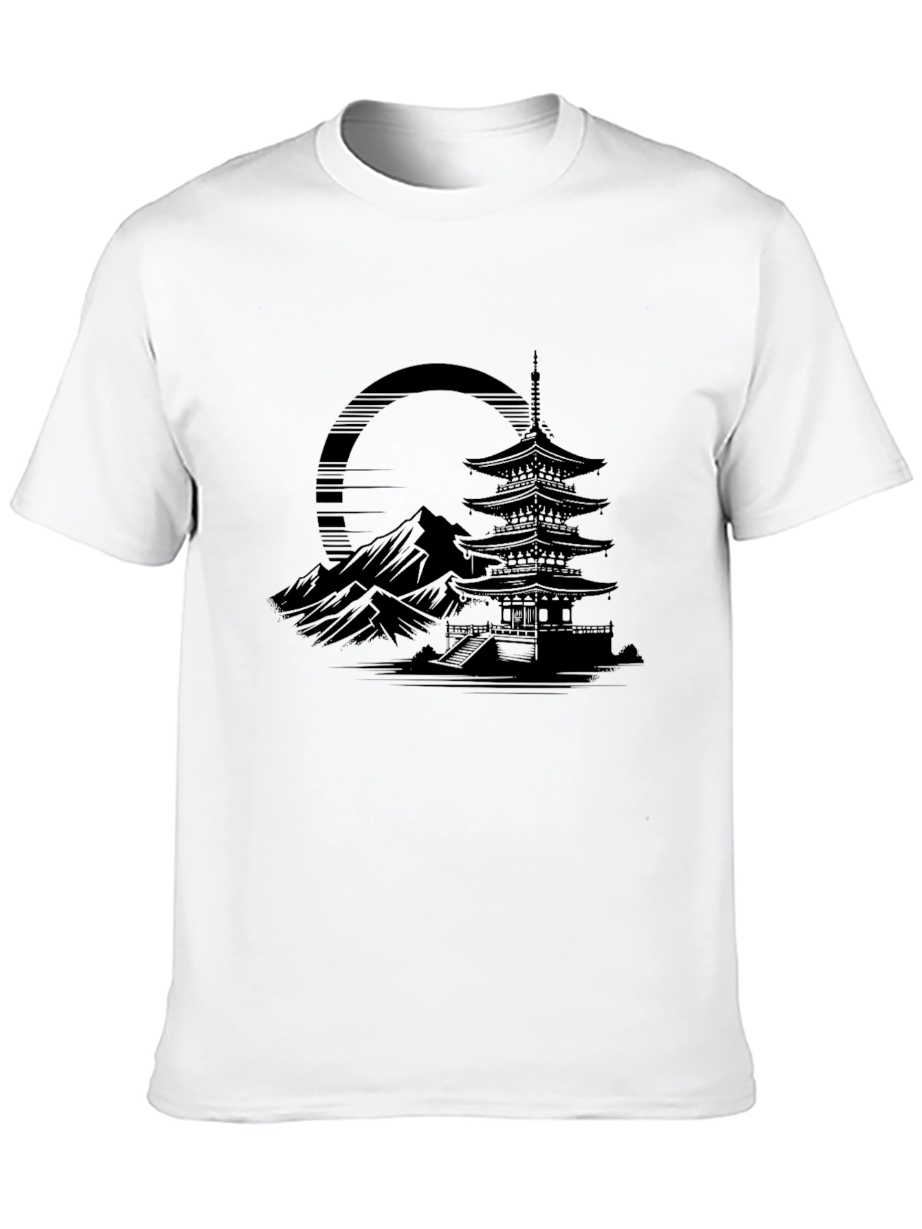 Mens Black T-Shirt with Japanese Temple Graphic