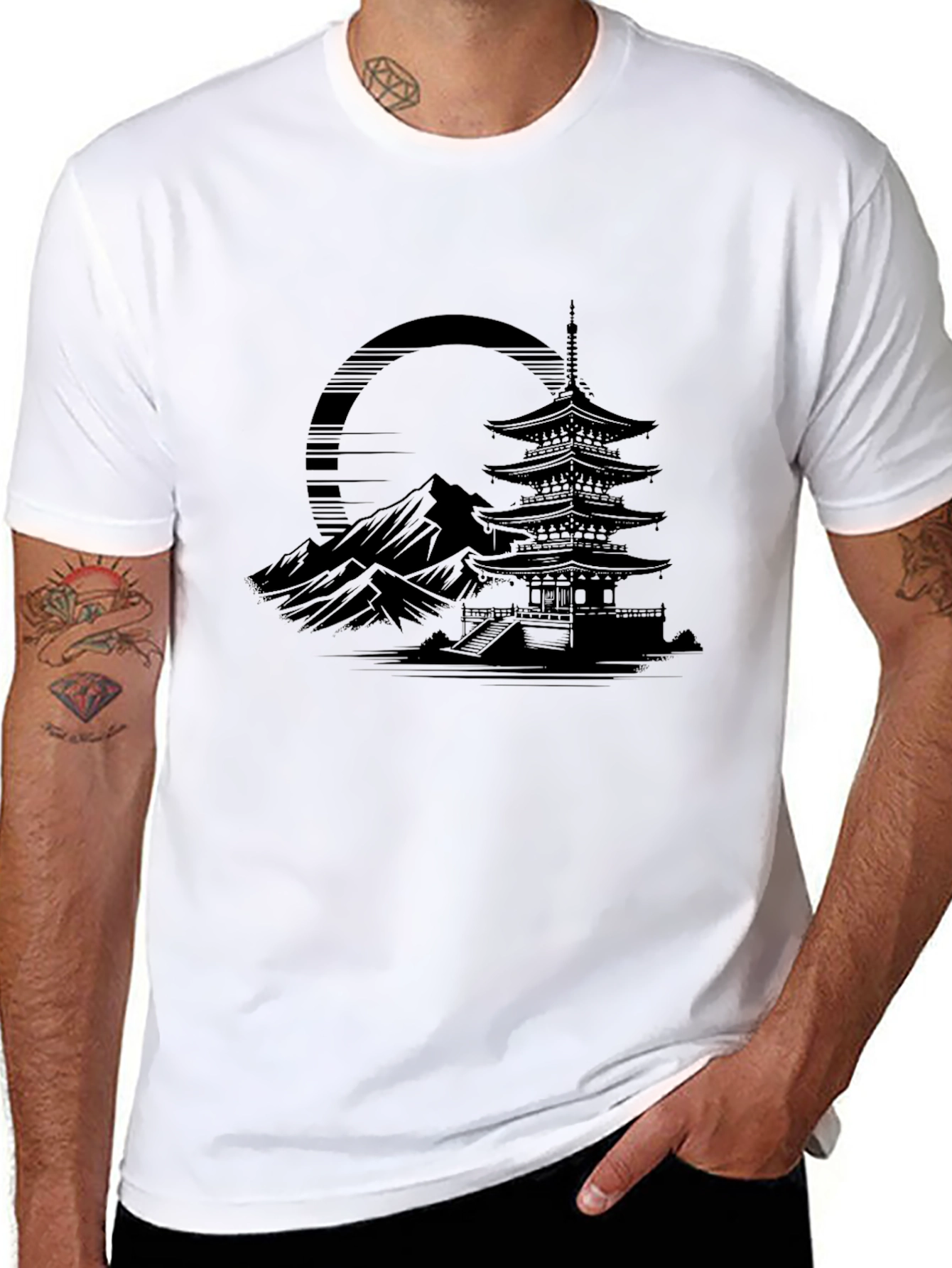 Mens Black T-Shirt with Japanese Temple Graphic