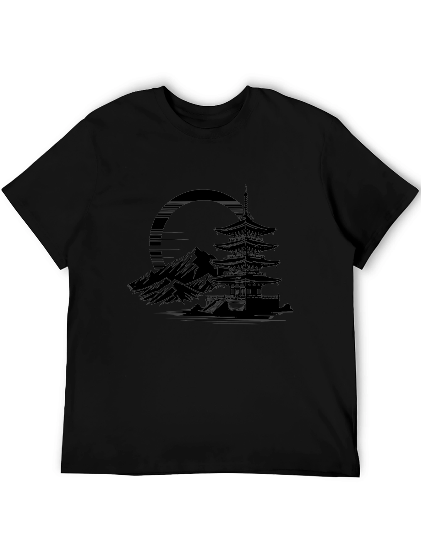Mens Black T-Shirt with Japanese Temple Graphic
