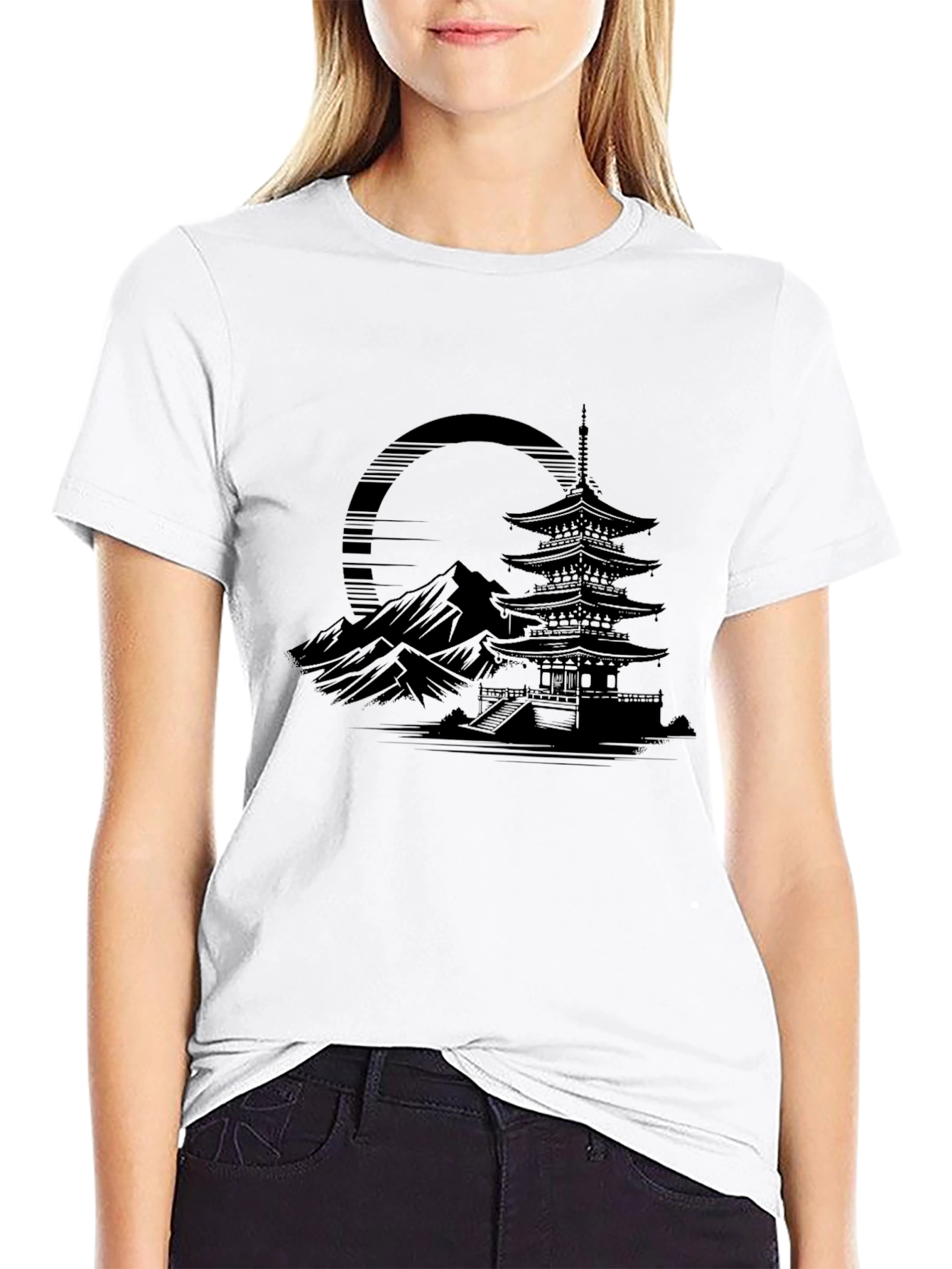 Mens Black T-Shirt with Japanese Temple Graphic