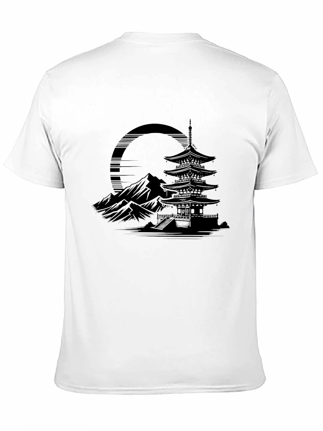 Mens Black T-Shirt with Japanese Temple Graphic