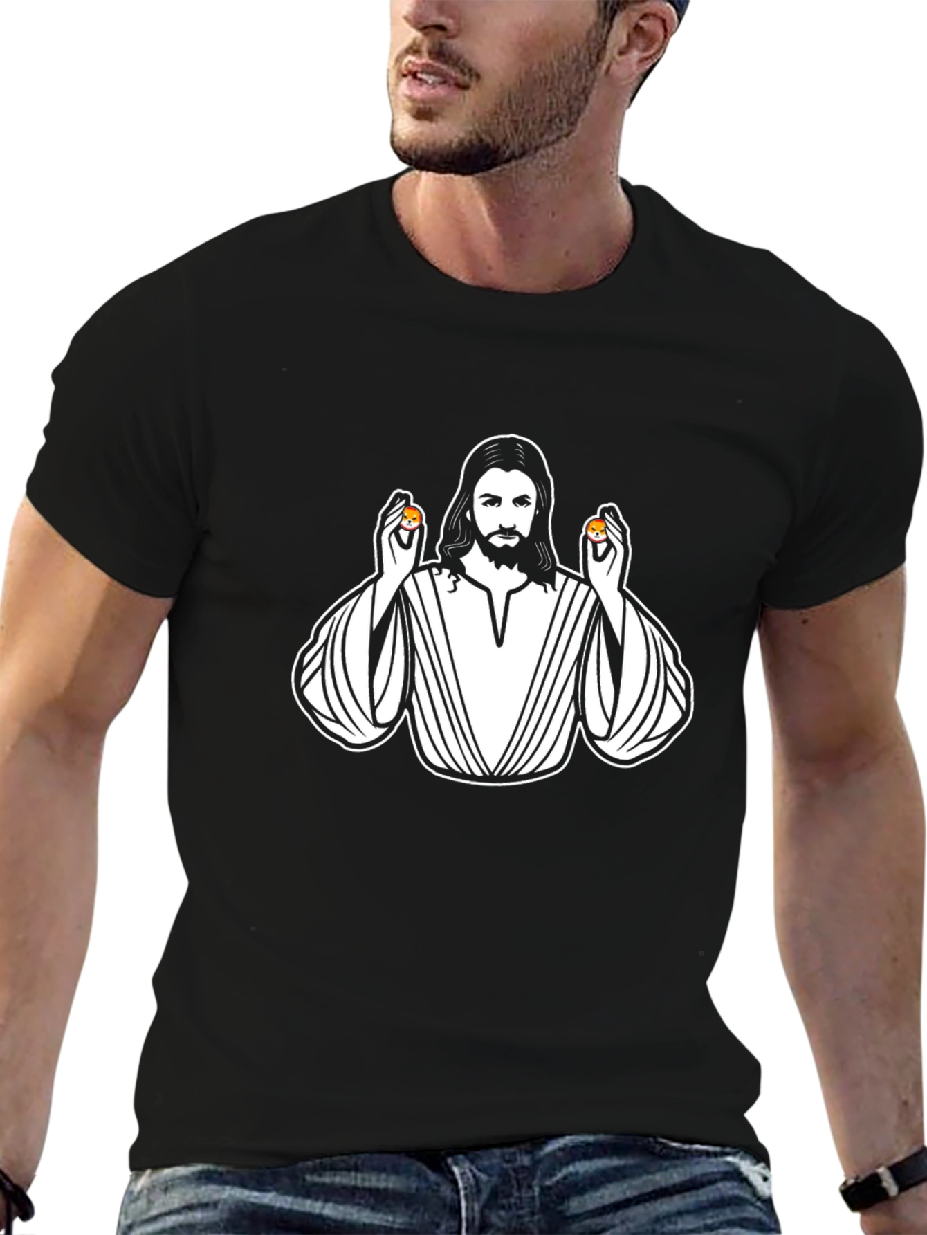 Jesus Holding Shiba Inu Coins Graphic T-Shirt