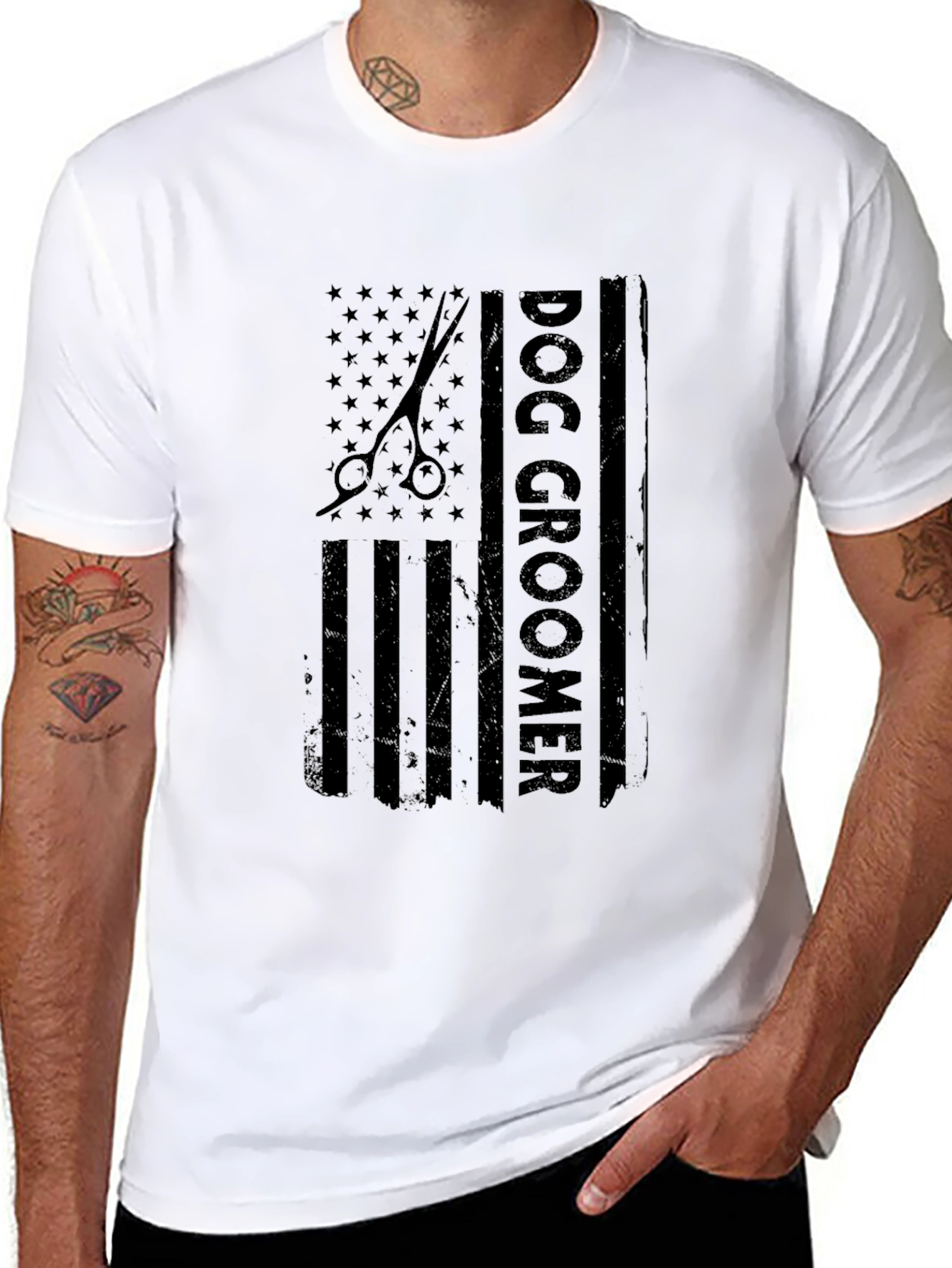Dog Groomer USA Flag T-Shirt - Black
