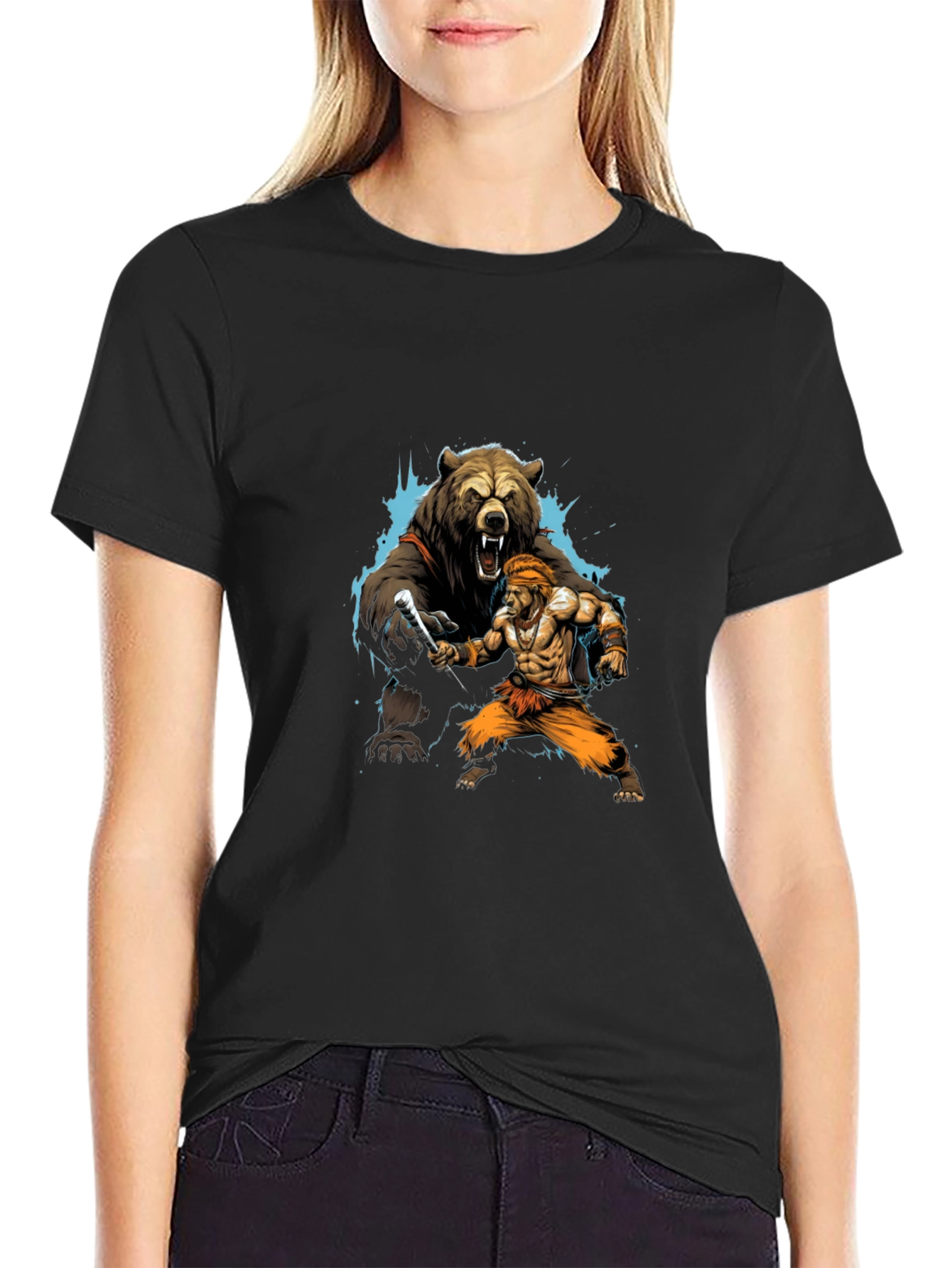 Bear vs. Man Graphic T-Shirt - Black Cotton Tee