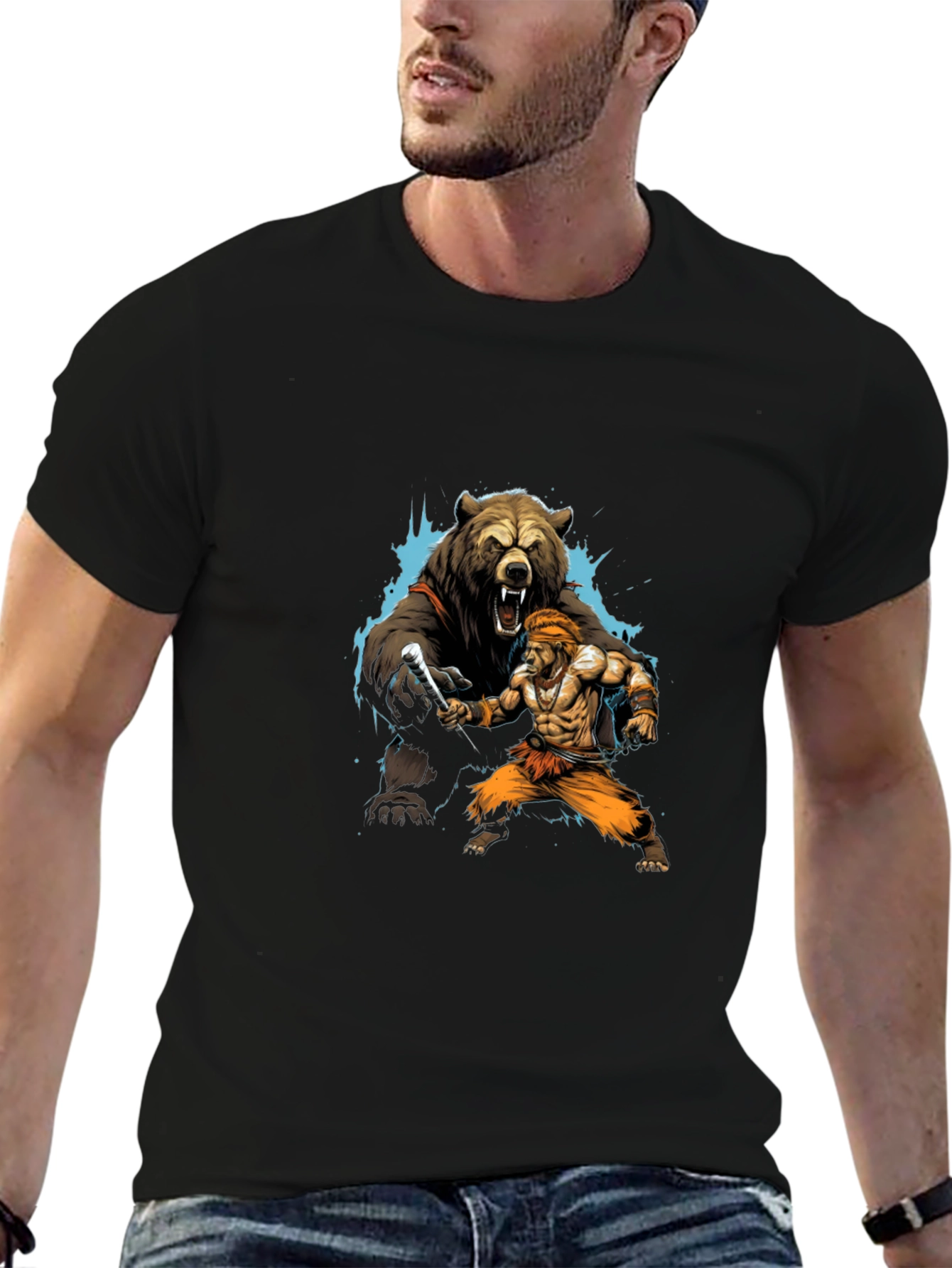Bear vs. Man Graphic T-Shirt - Black Cotton Tee