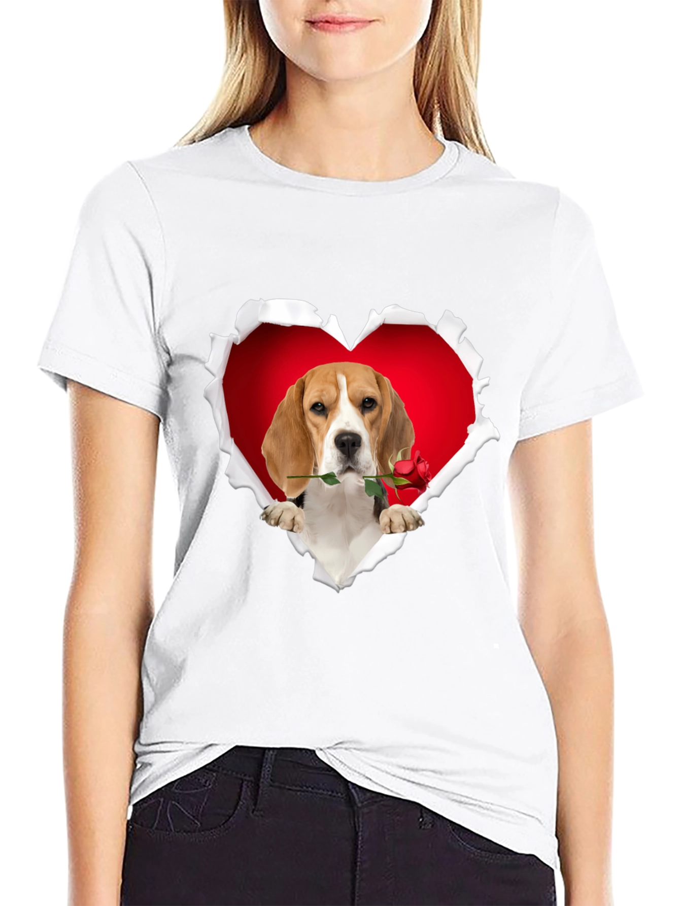 Beagle Heart Rose T-Shirt - Cute Dog Lover Tee