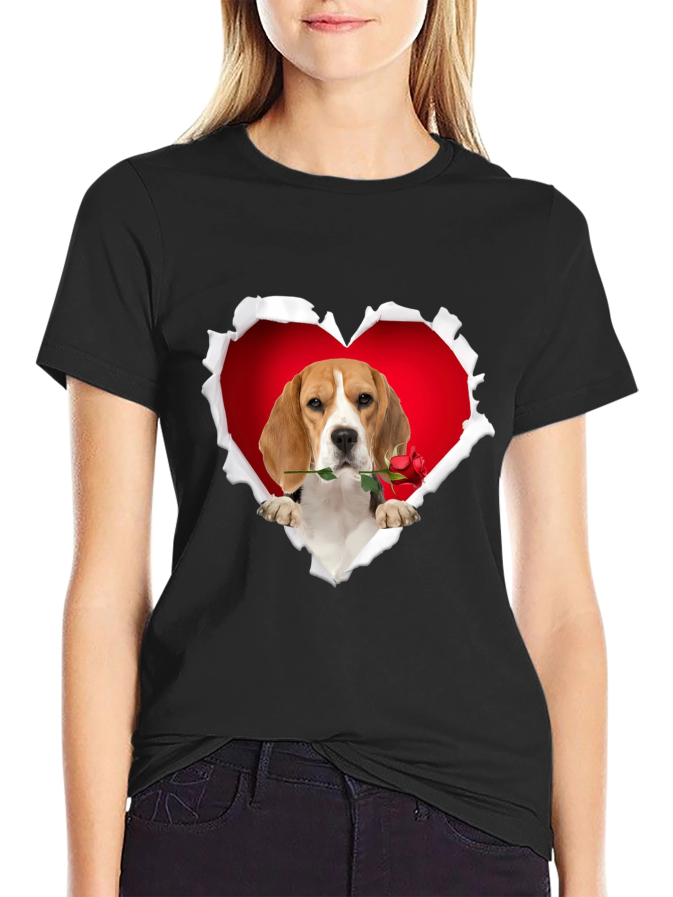 Beagle Heart Rose T-Shirt - Cute Dog Lover Tee