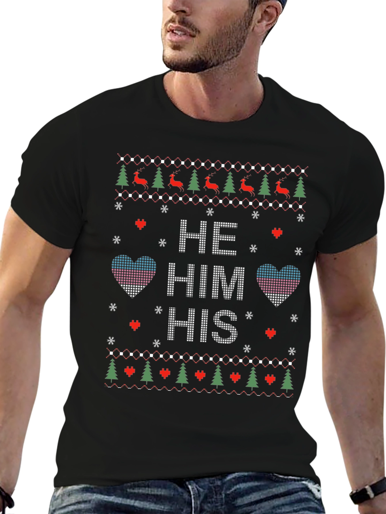 Novelty Knit Style He/Him/His Pronoun Christmas T-Shirt