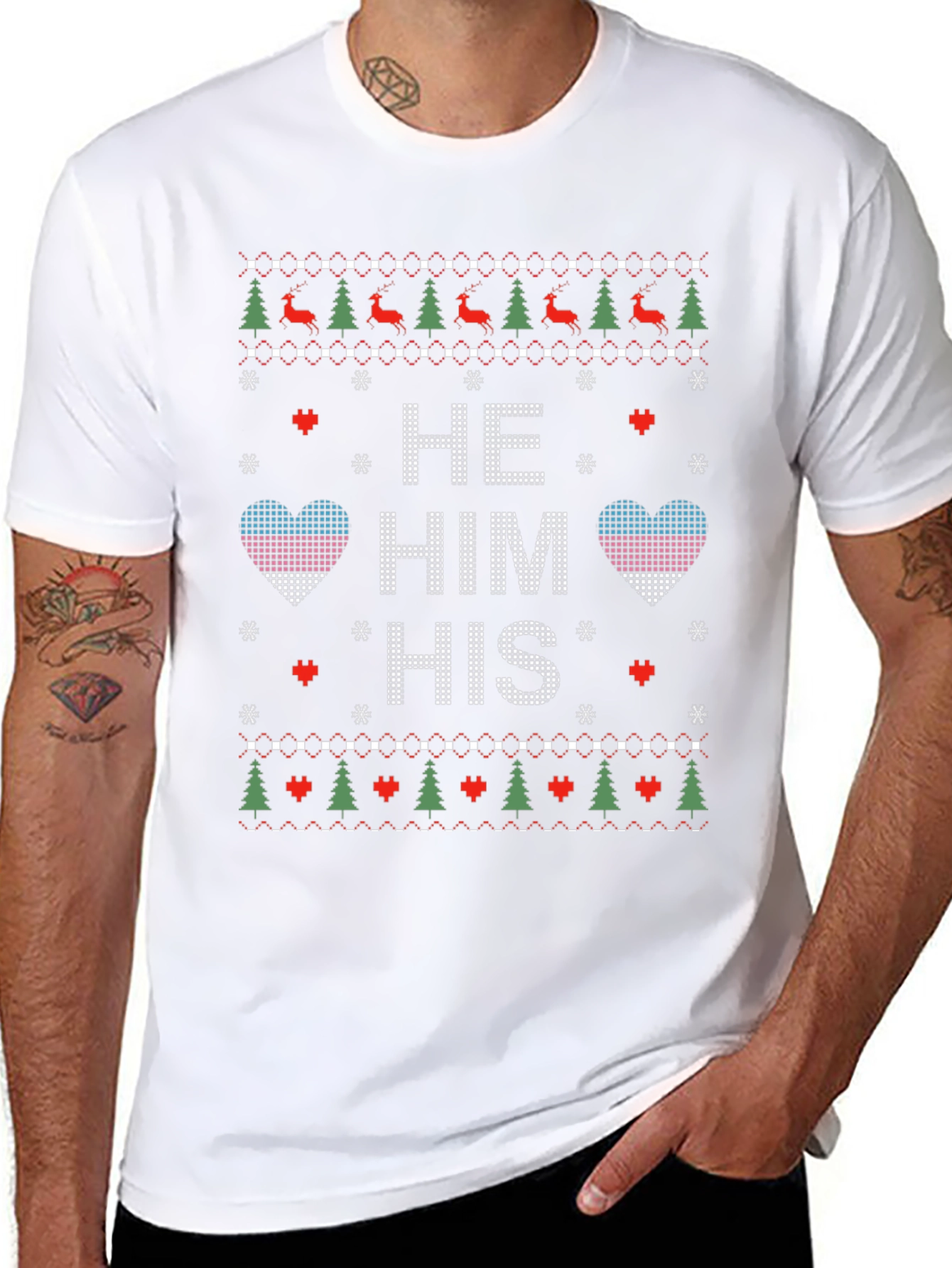 Novelty Knit Style He/Him/His Pronoun Christmas T-Shirt