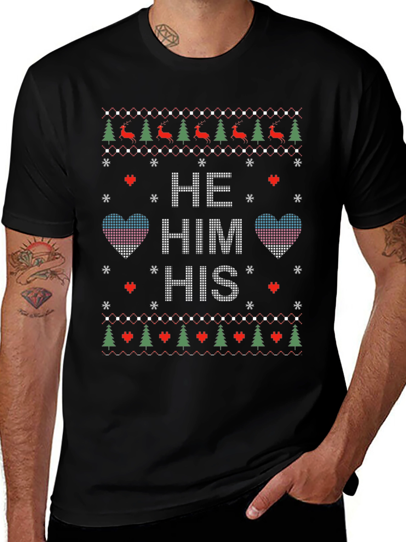 Novelty Knit Style He/Him/His Pronoun Christmas T-Shirt