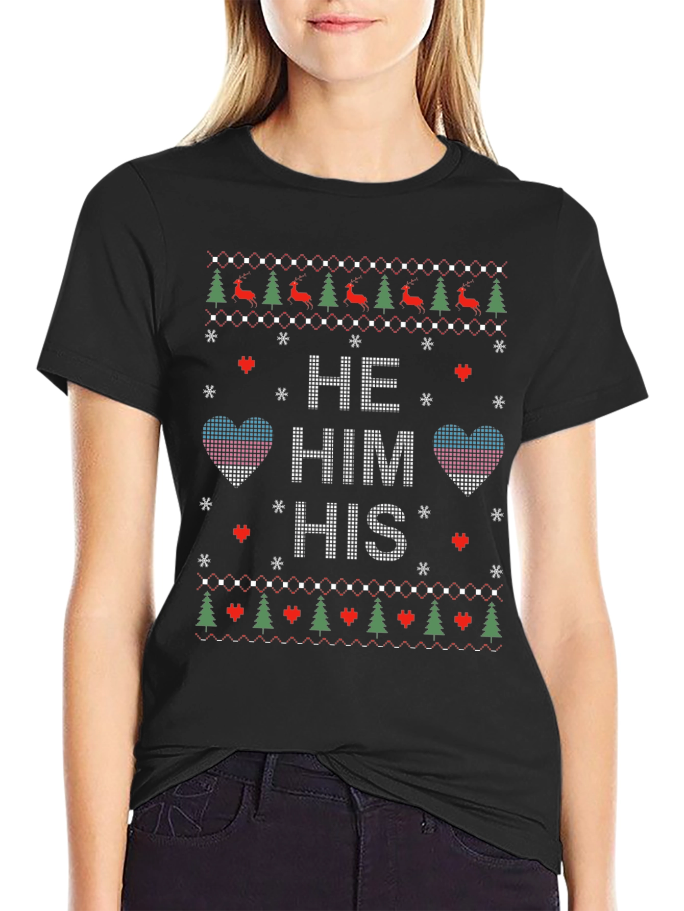 Novelty Knit Style He/Him/His Pronoun Christmas T-Shirt