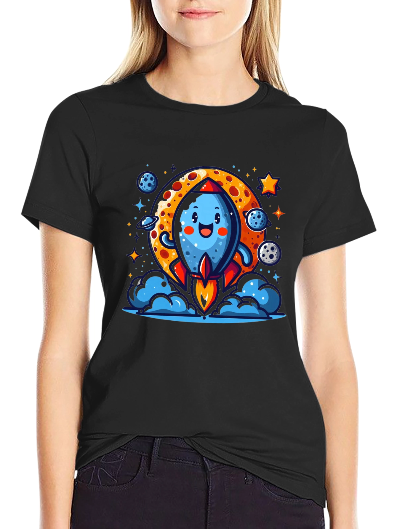 Cute Rocket Ship Cartoon Graphic T-Shirt - Black