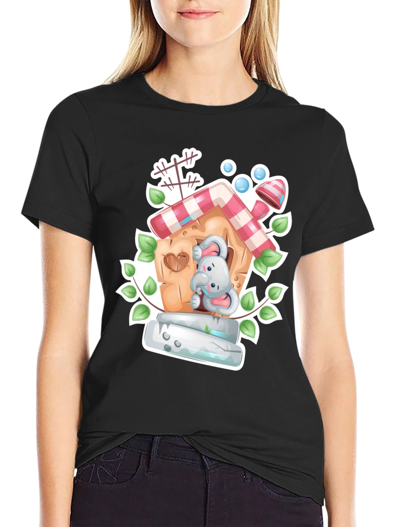 Elephant House Graphic Tee - Whimsical Black T-Shirt