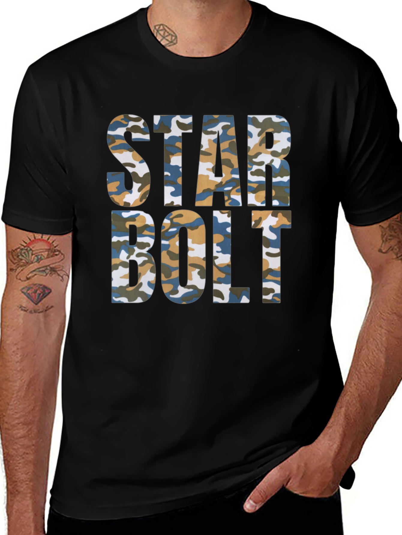 Star Bolt Camo Print Black T-Shirt