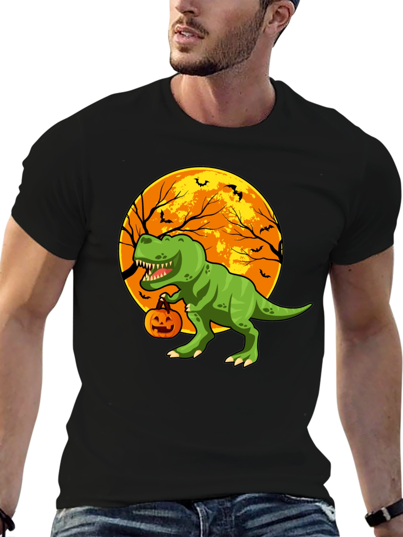 Dino Halloween T-Shirt - Trex Pumpkin Moon