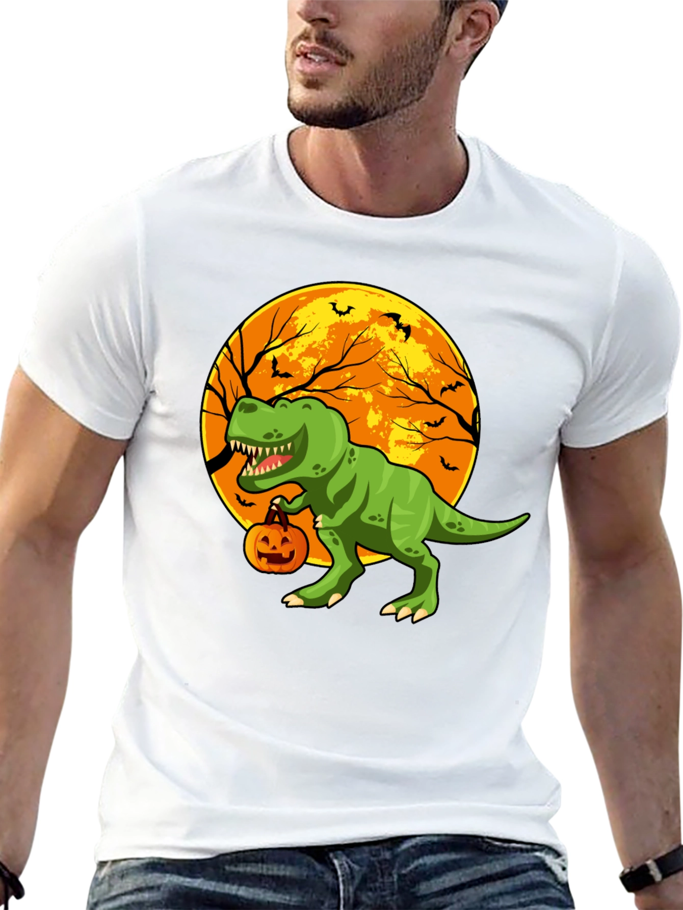 Dino Halloween T-Shirt - Trex Pumpkin Moon