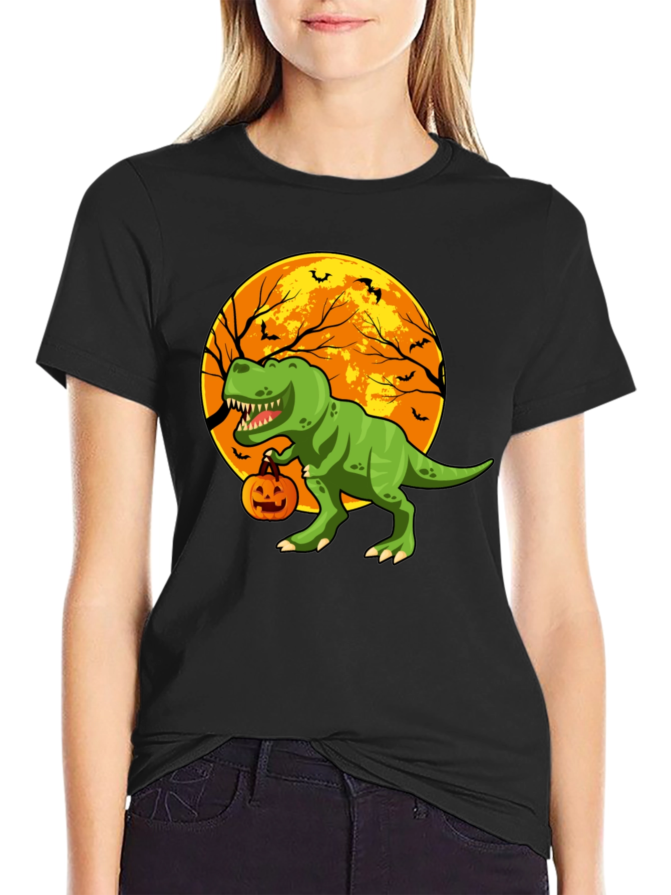 Dino Halloween T-Shirt - Trex Pumpkin Moon
