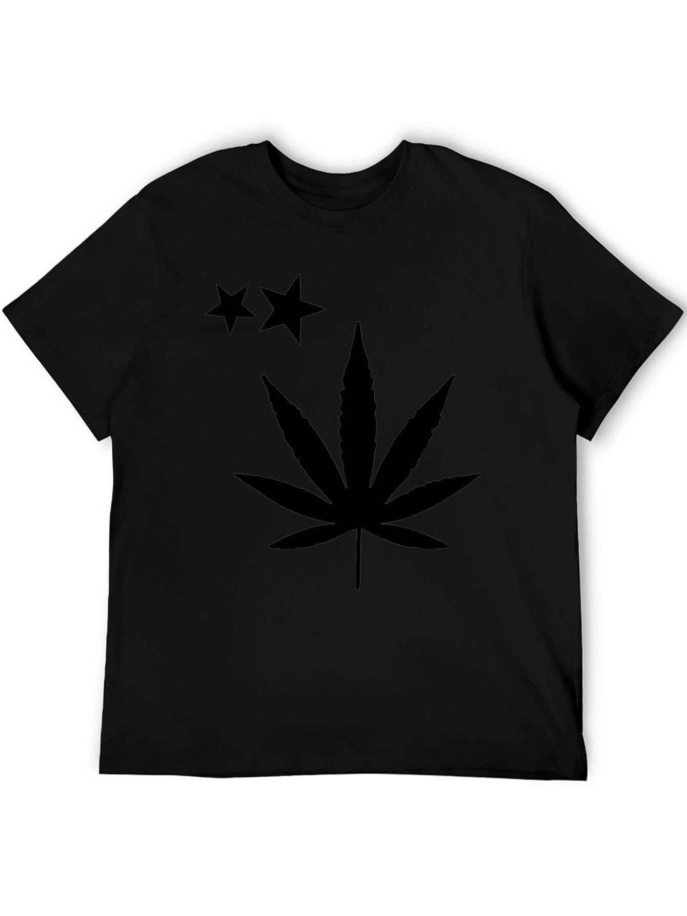 Black T-Shirt with Stars and Cannabis Leaf Print