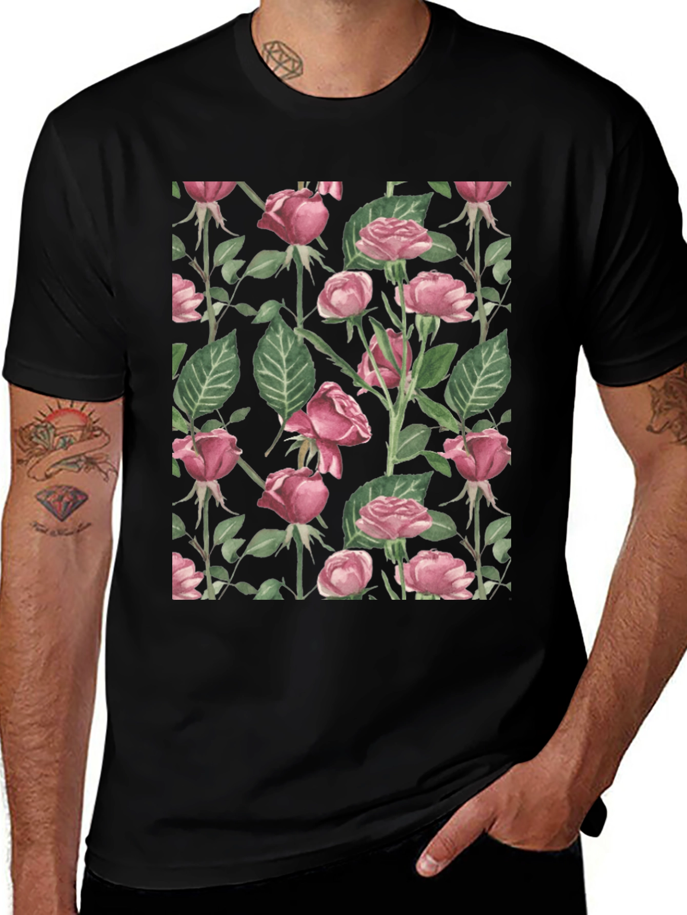 Floral Rose Print Crew Neck T-Shirt