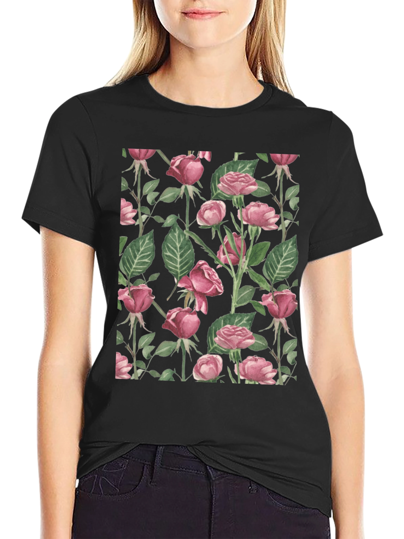 Floral Rose Print Crew Neck T-Shirt