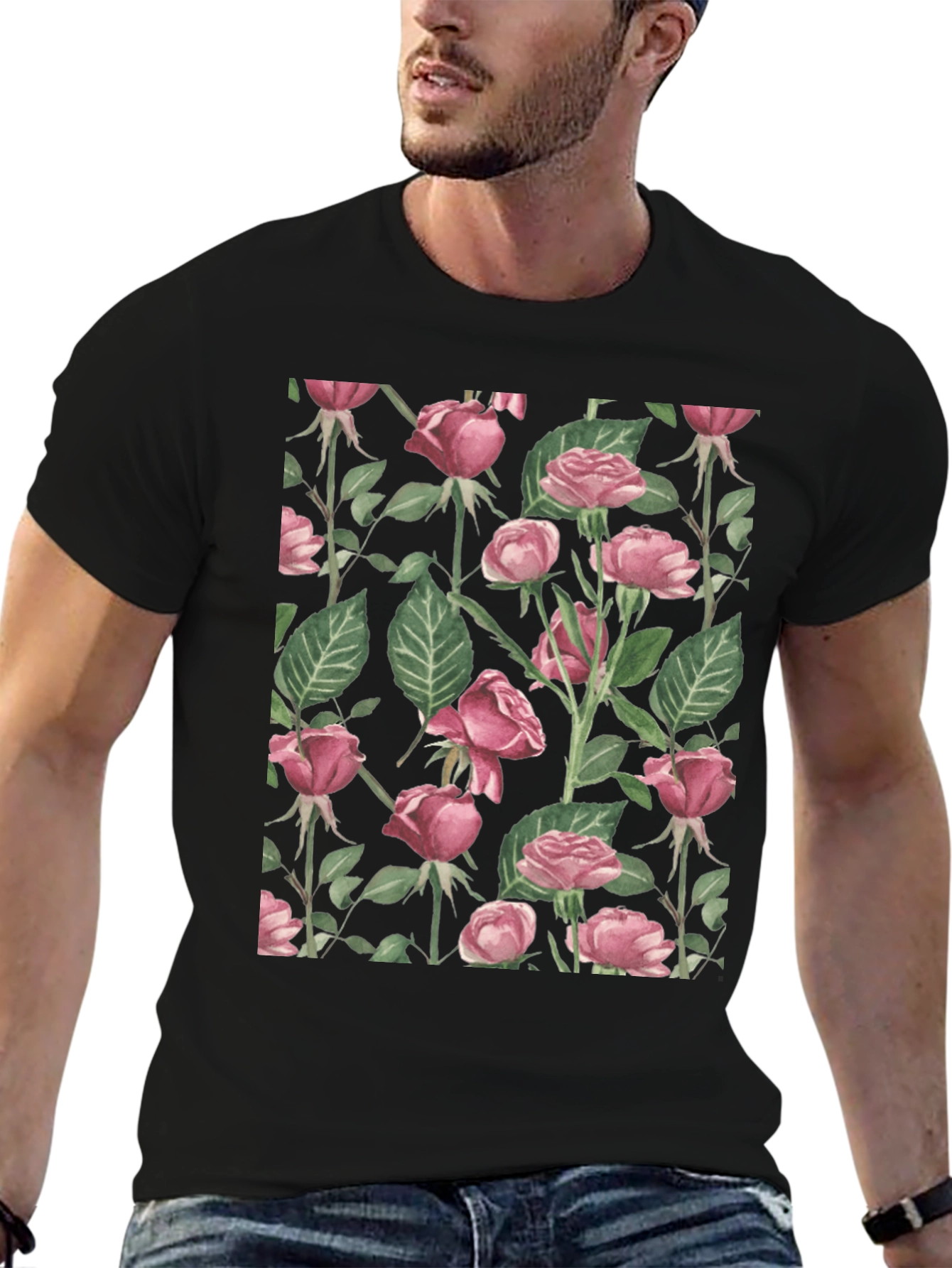Floral Rose Print Crew Neck T-Shirt