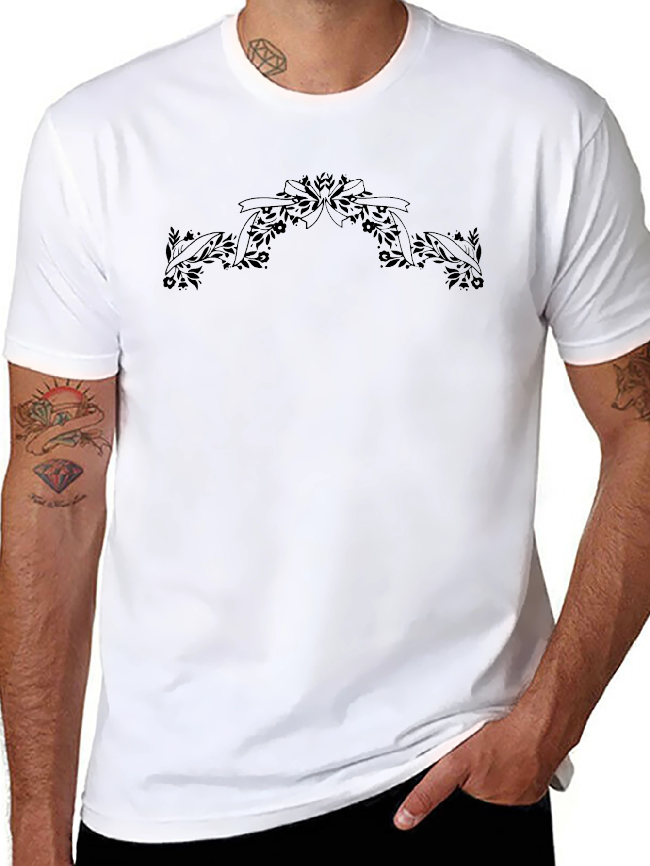 Mens Black T-Shirt with Floral Ribbon Graphic