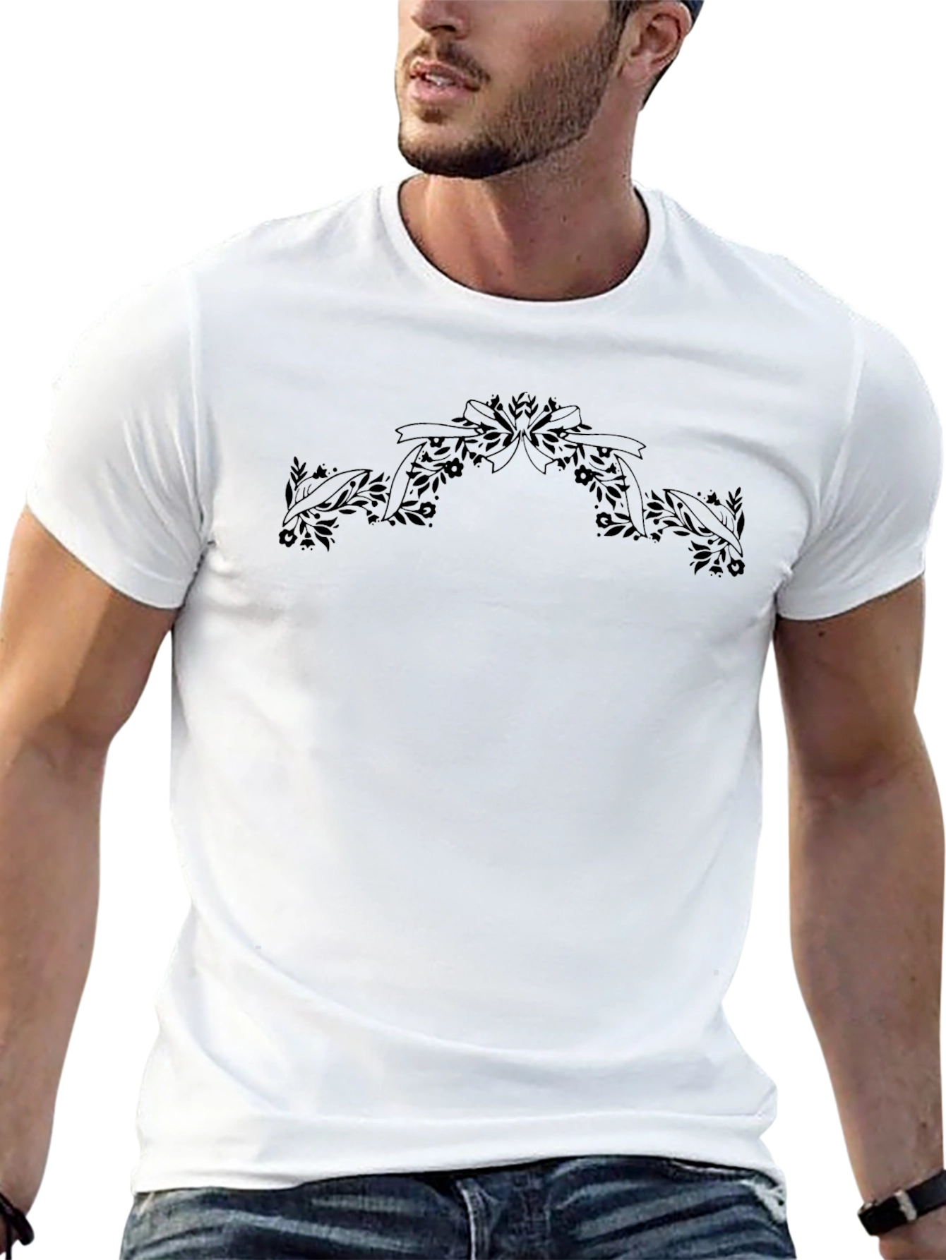 Mens Black T-Shirt with Floral Ribbon Graphic