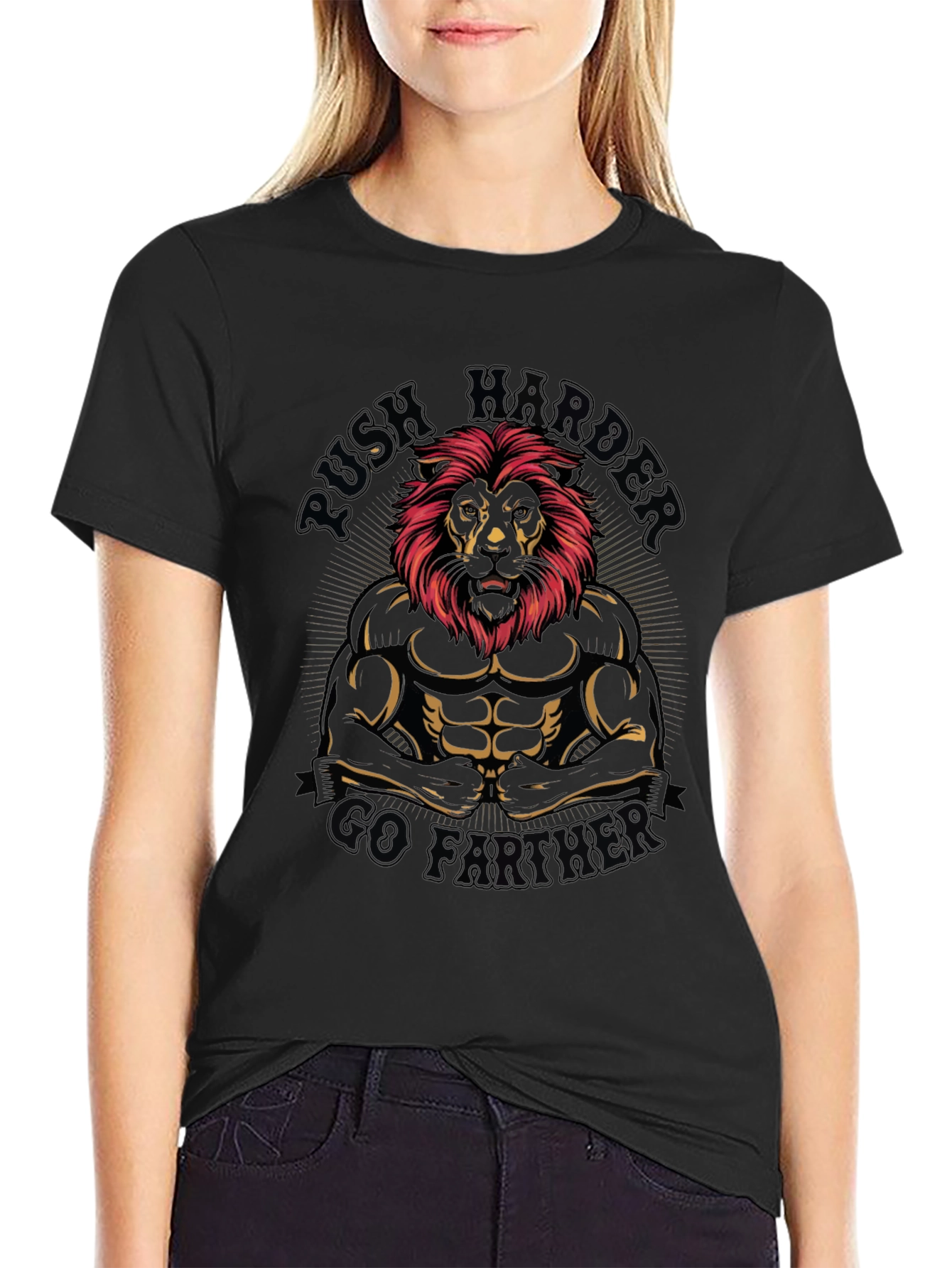 Lion Bodybuilder Graphic T-Shirt - Push Harder Go Further