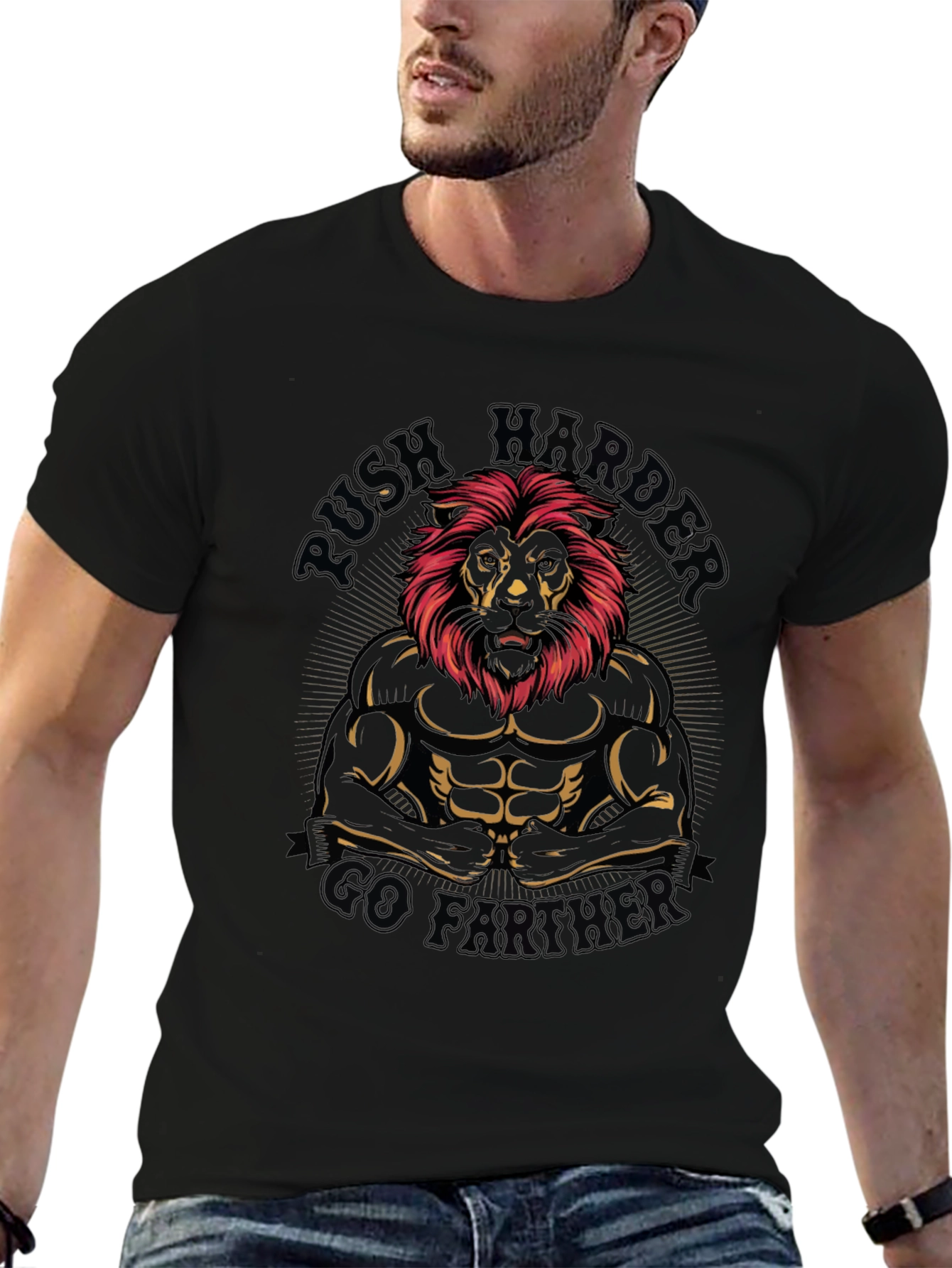 Lion Bodybuilder Graphic T-Shirt - Push Harder Go Further