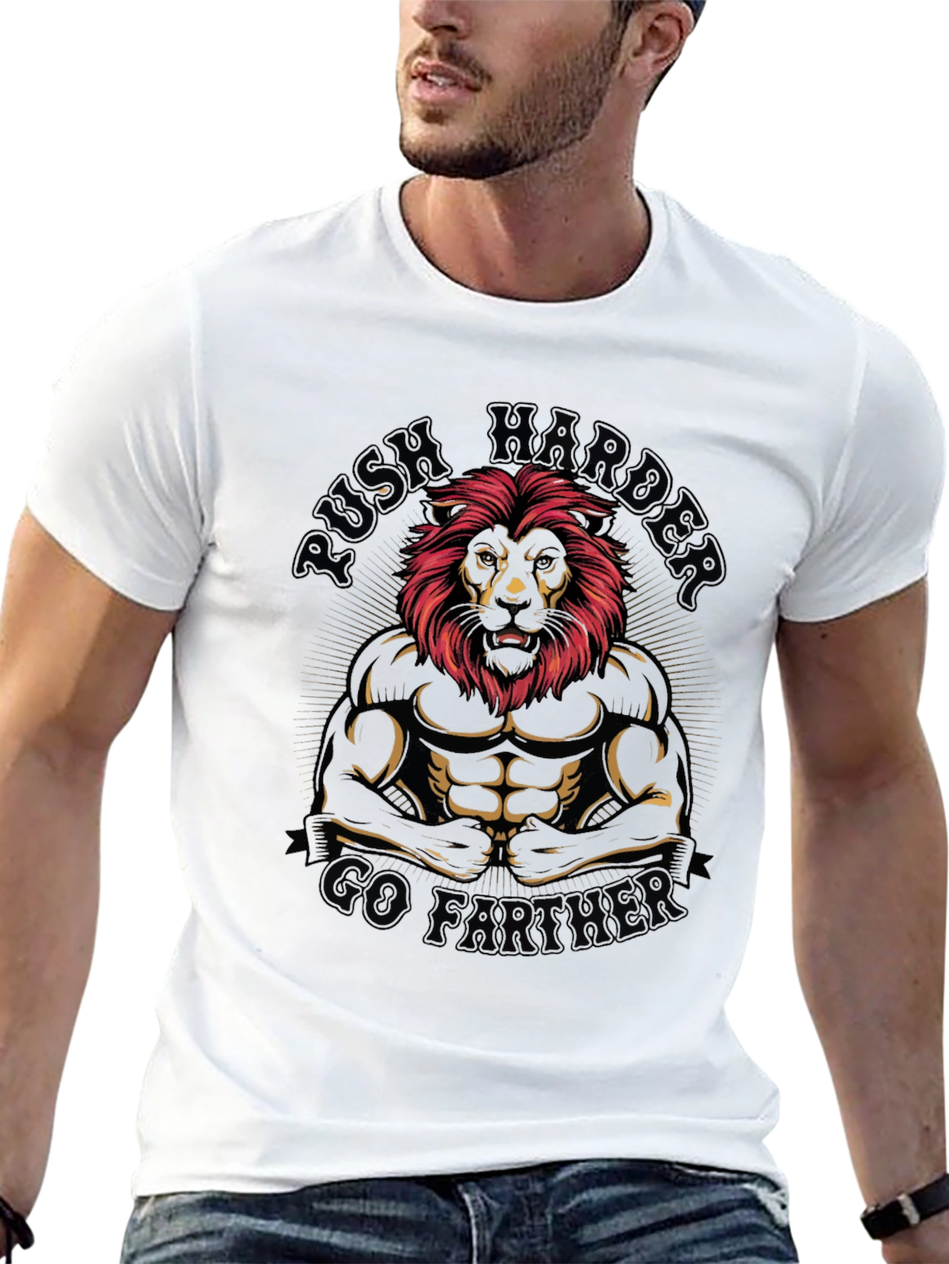 Lion Bodybuilder Graphic T-Shirt - Push Harder Go Further