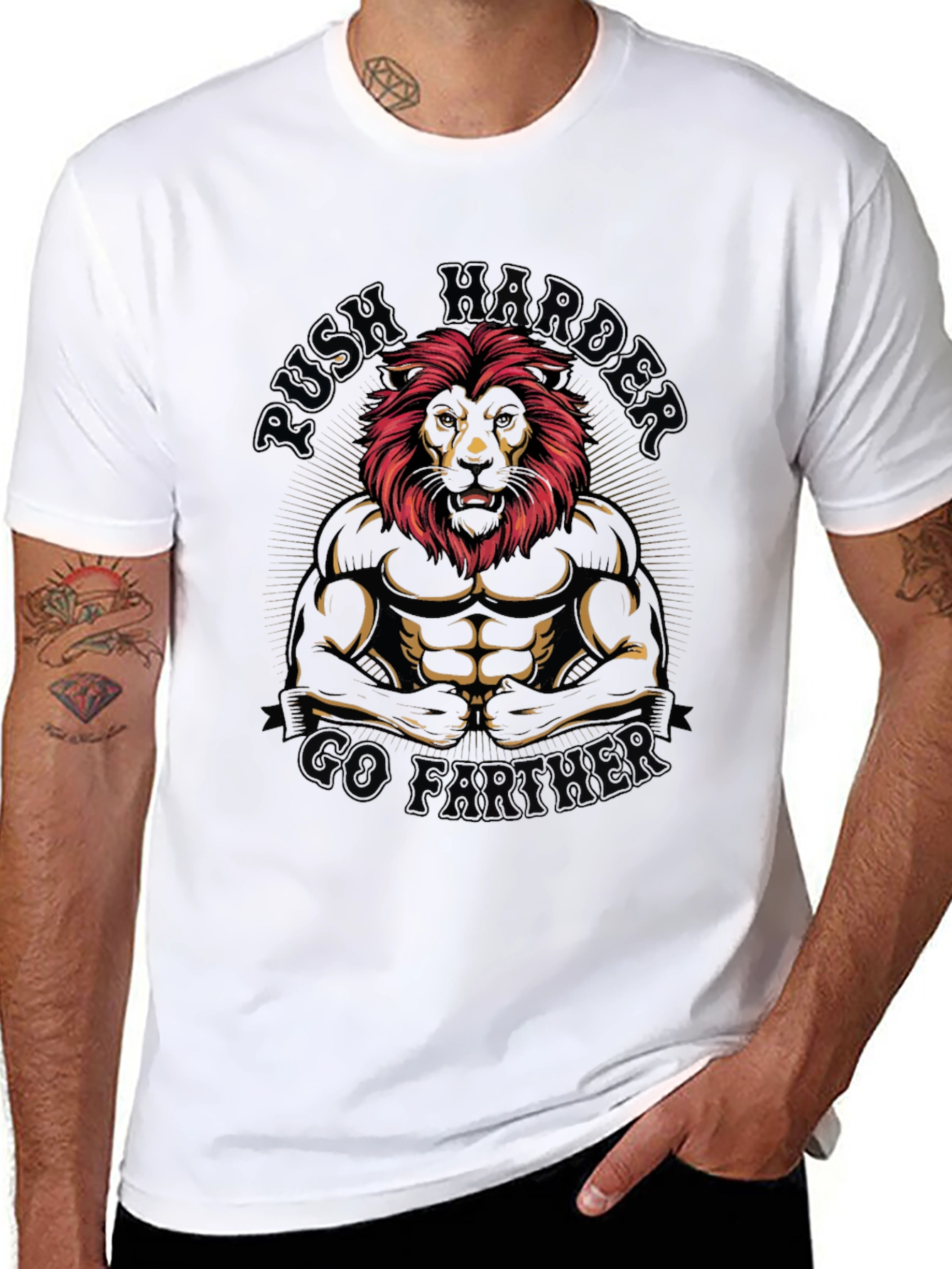 Lion Bodybuilder Graphic T-Shirt - Push Harder Go Further