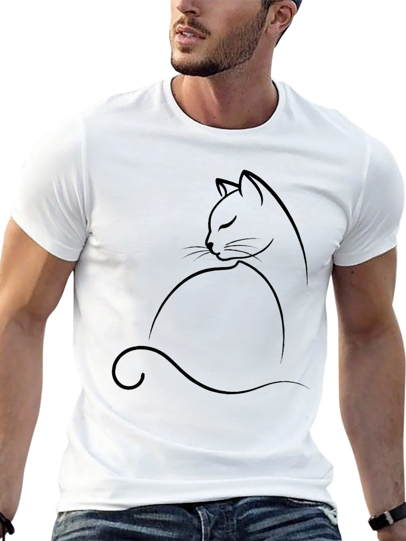 Minimalist Cat Outline Black T-Shirt