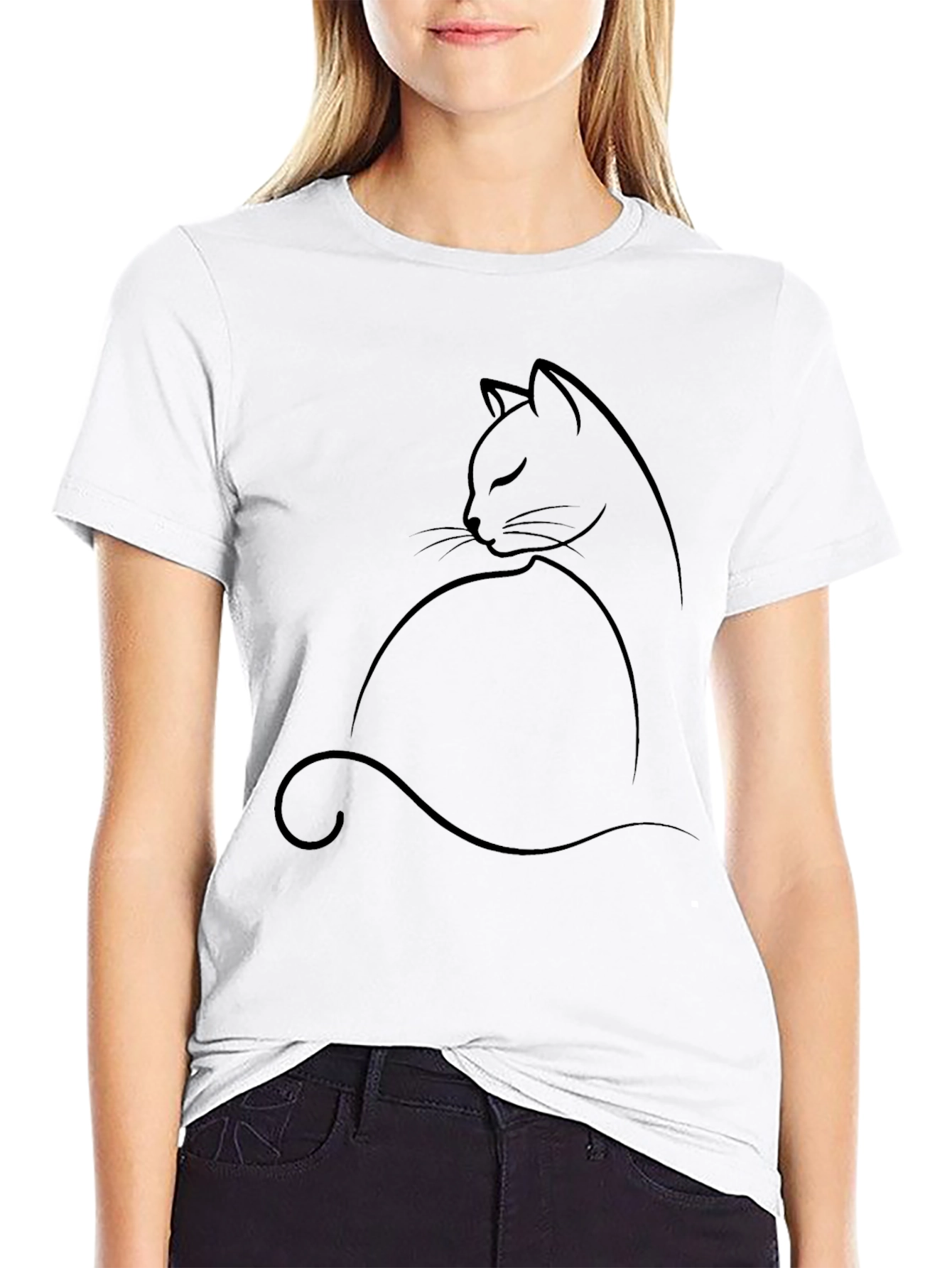 Minimalist Cat Outline Black T-Shirt