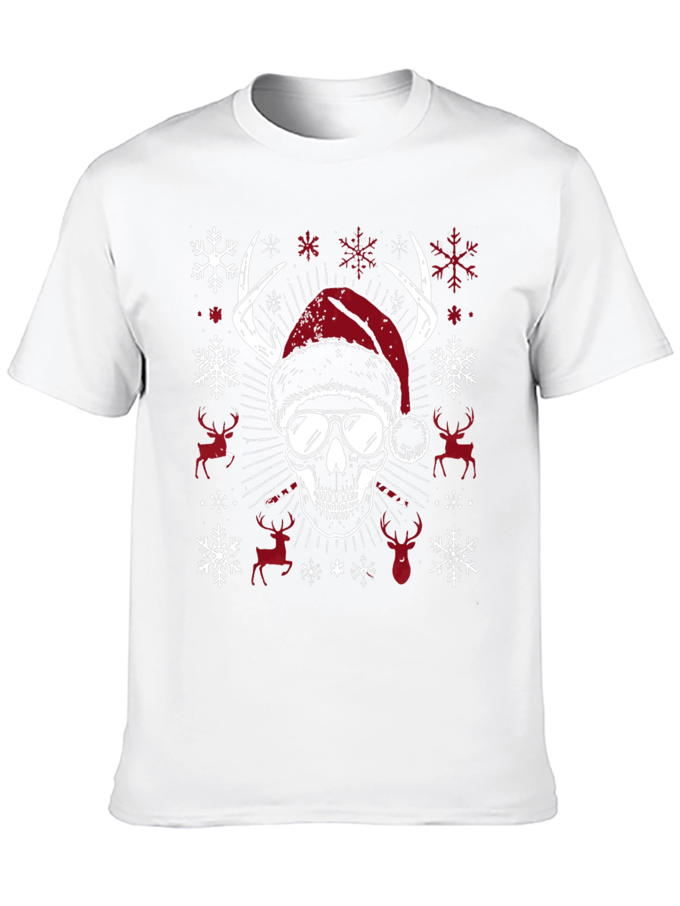 Skull Christmas T-Shirt with Antlers & Santa Hat