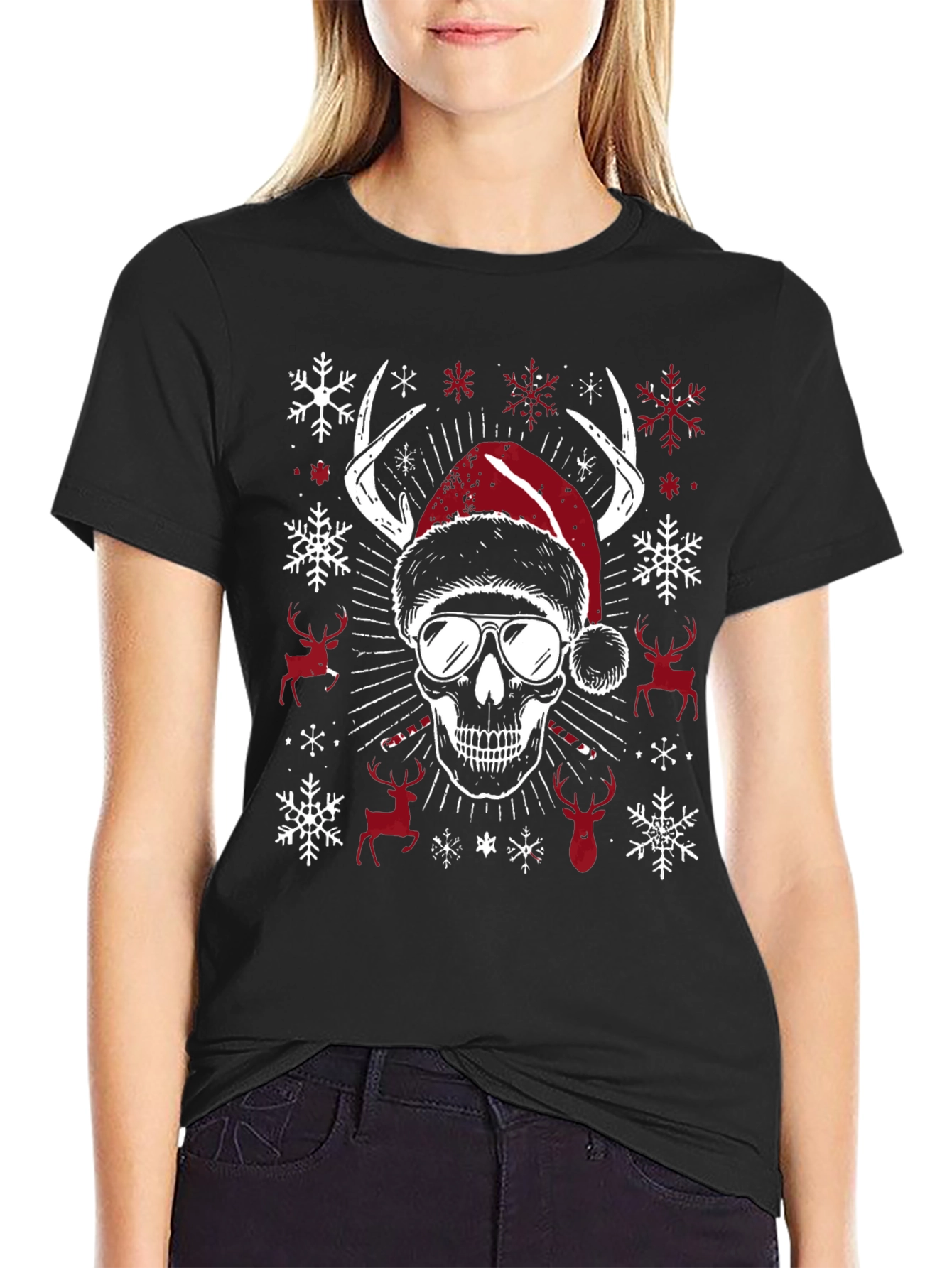 Skull Christmas T-Shirt with Antlers & Santa Hat