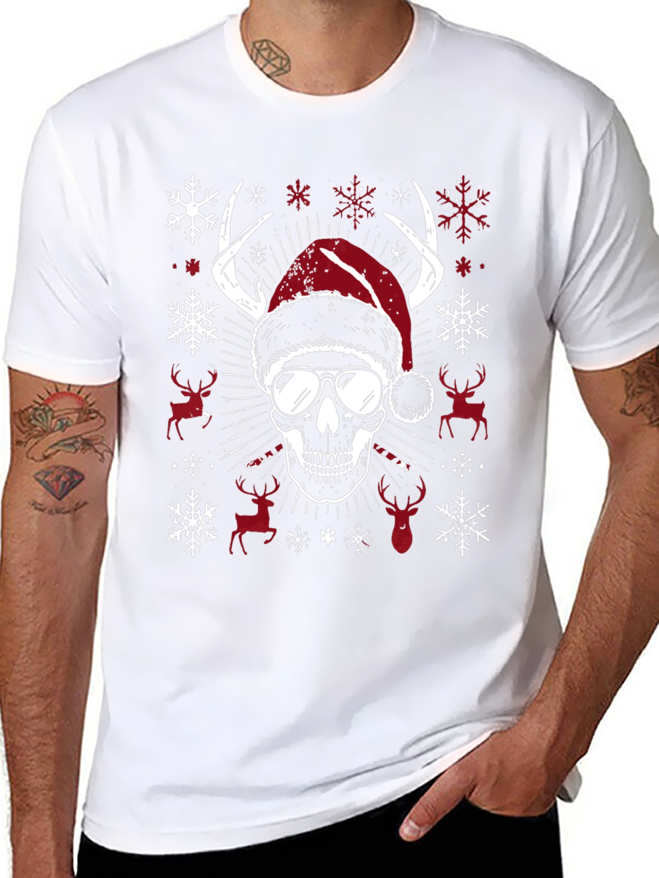 Skull Christmas T-Shirt with Antlers & Santa Hat
