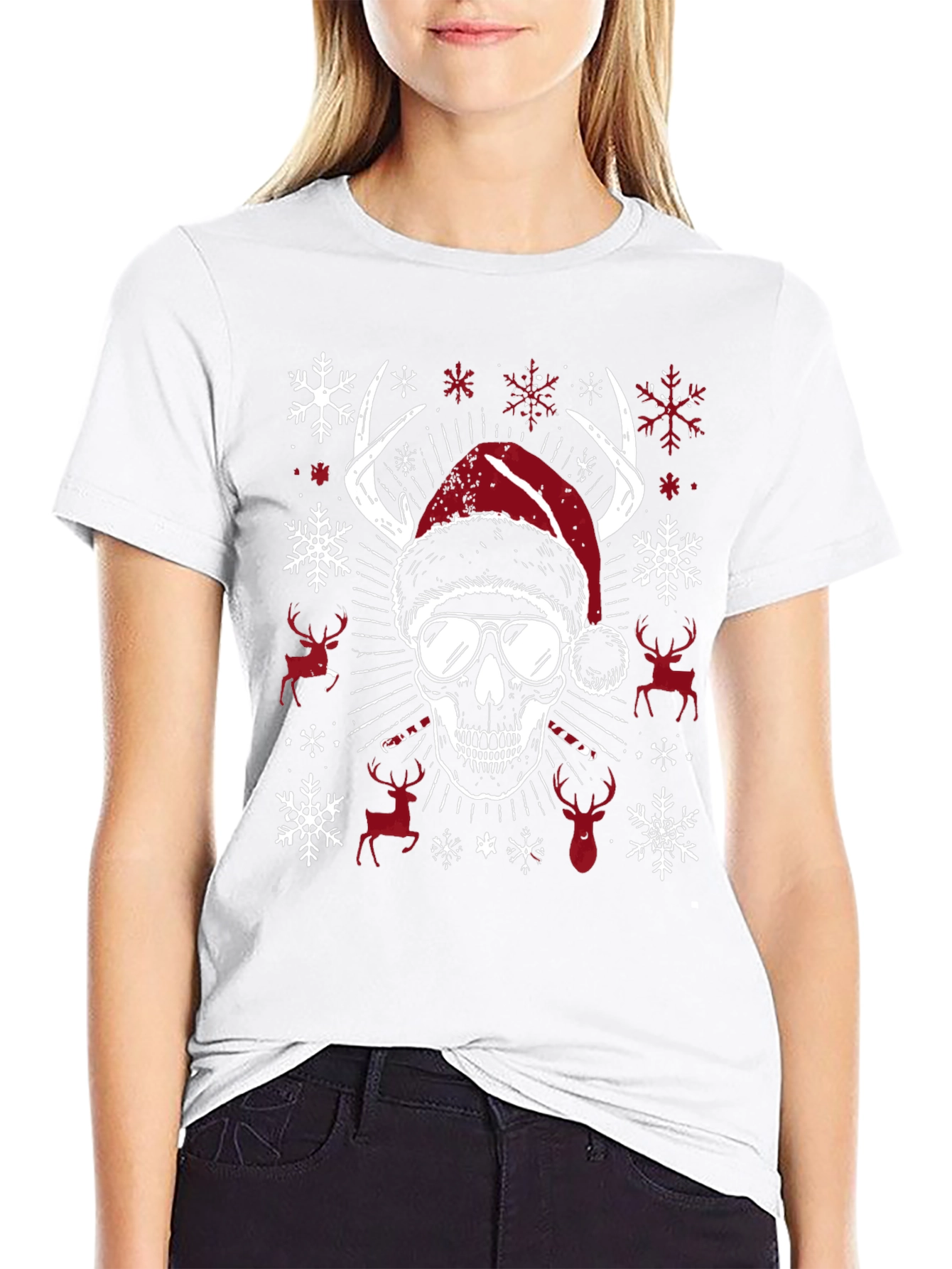 Skull Christmas T-Shirt with Antlers & Santa Hat