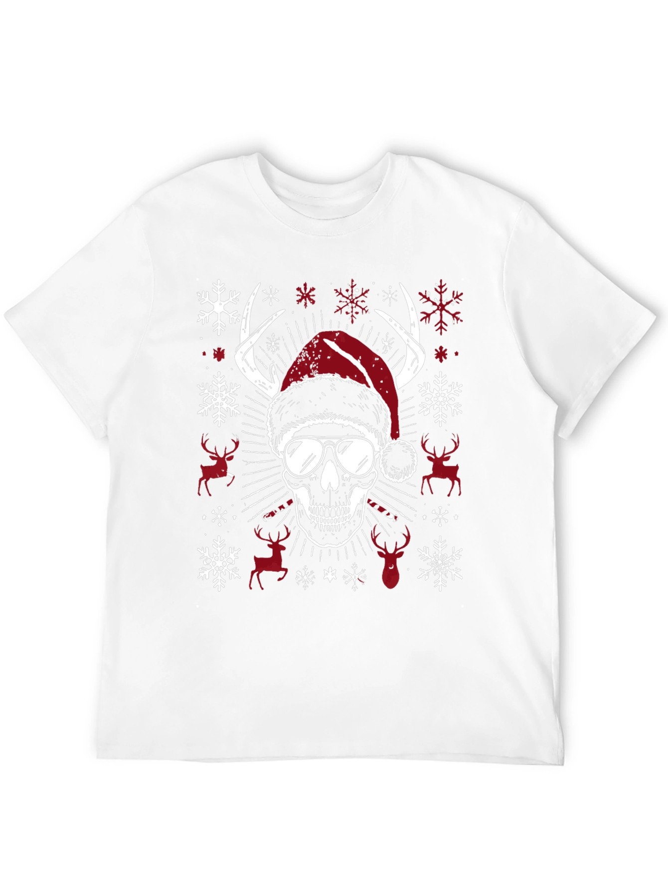Skull Christmas T-Shirt with Antlers & Santa Hat