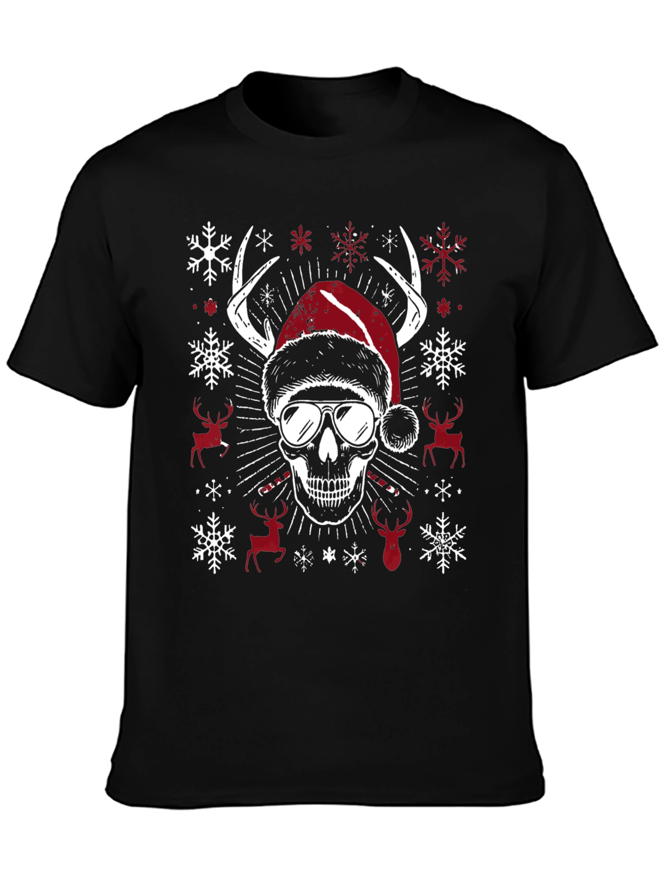 Skull Christmas T-Shirt with Antlers & Santa Hat
