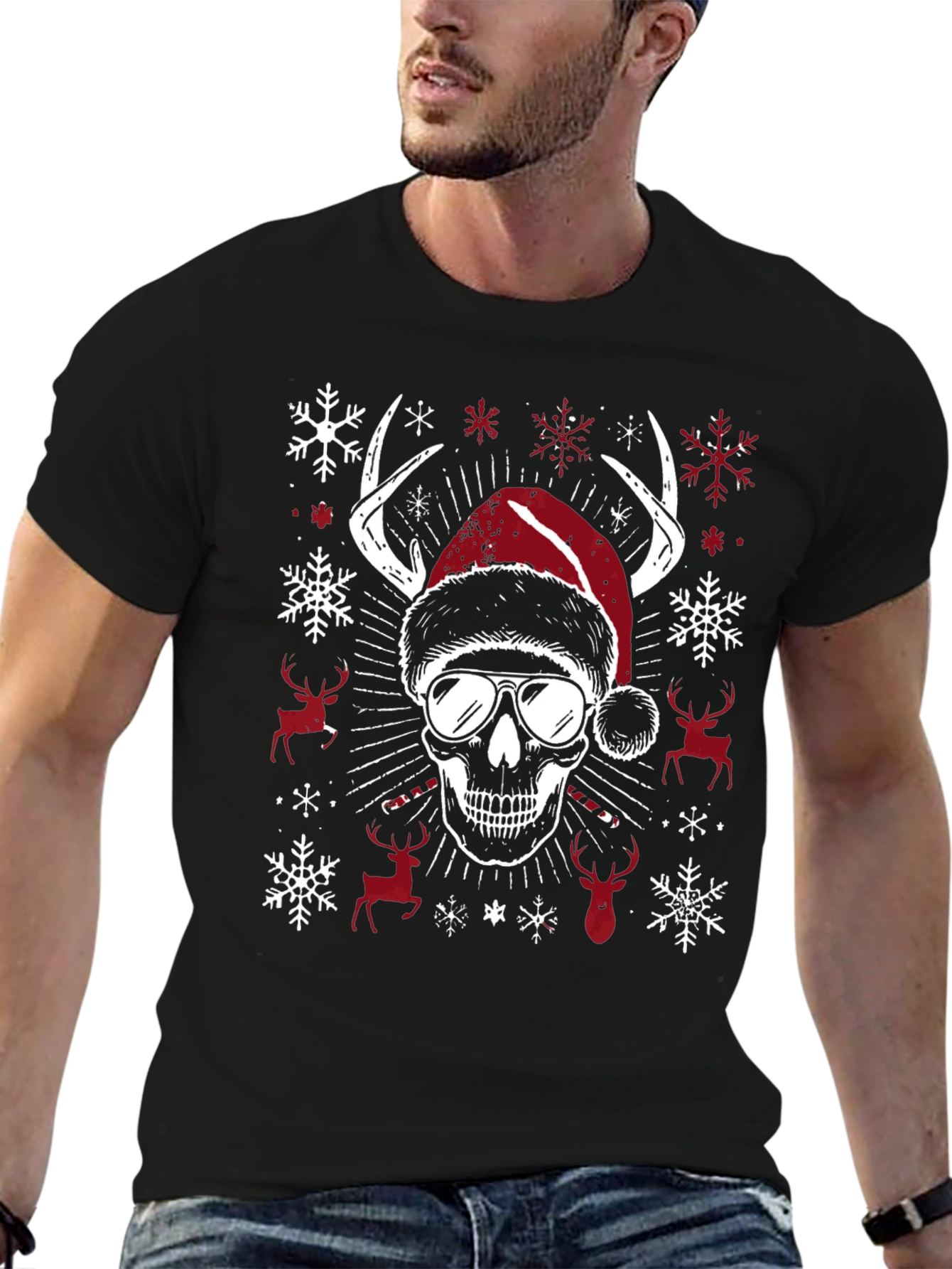 Skull Christmas T-Shirt with Antlers & Santa Hat