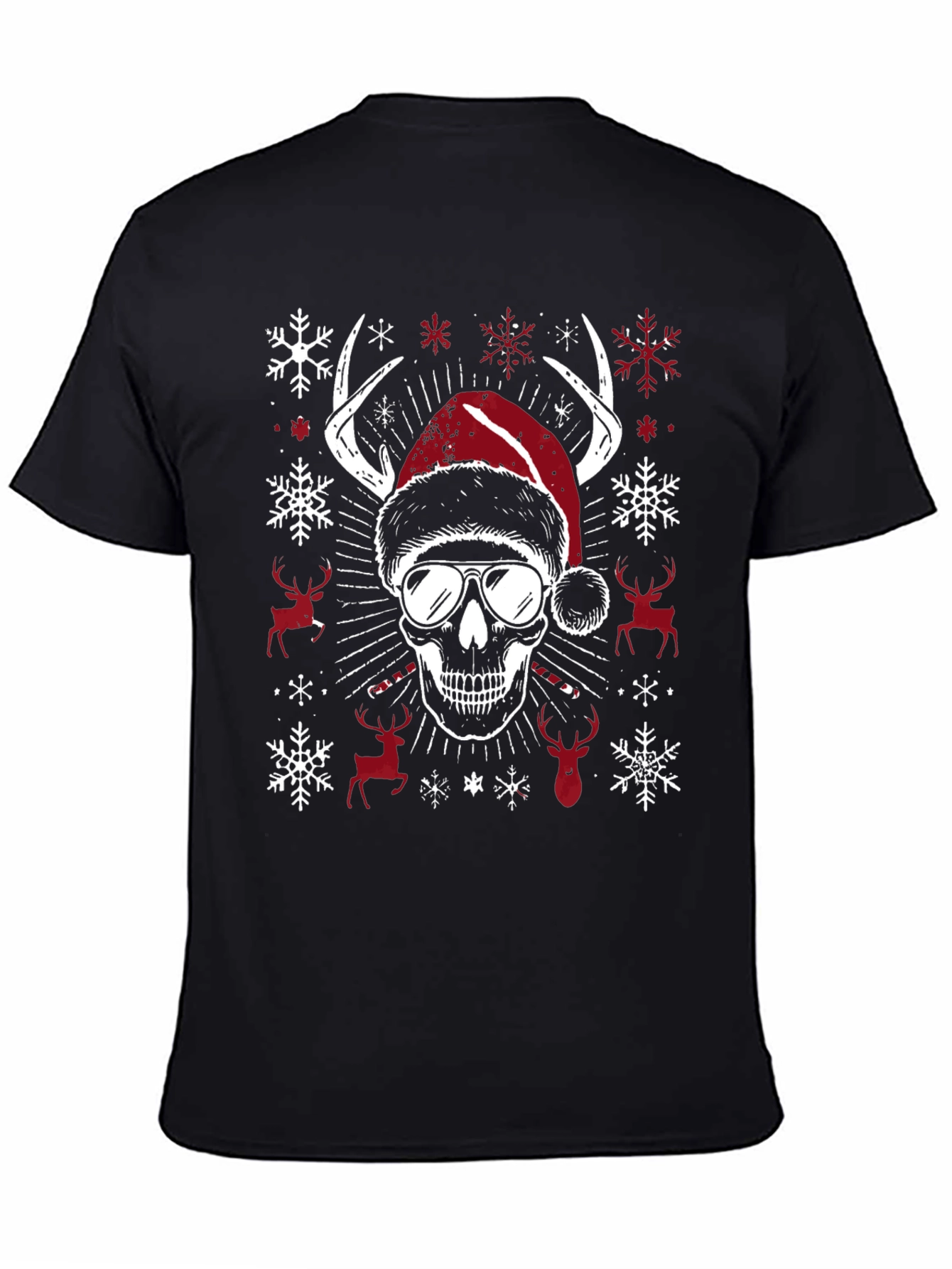 Skull Christmas T-Shirt with Antlers & Santa Hat