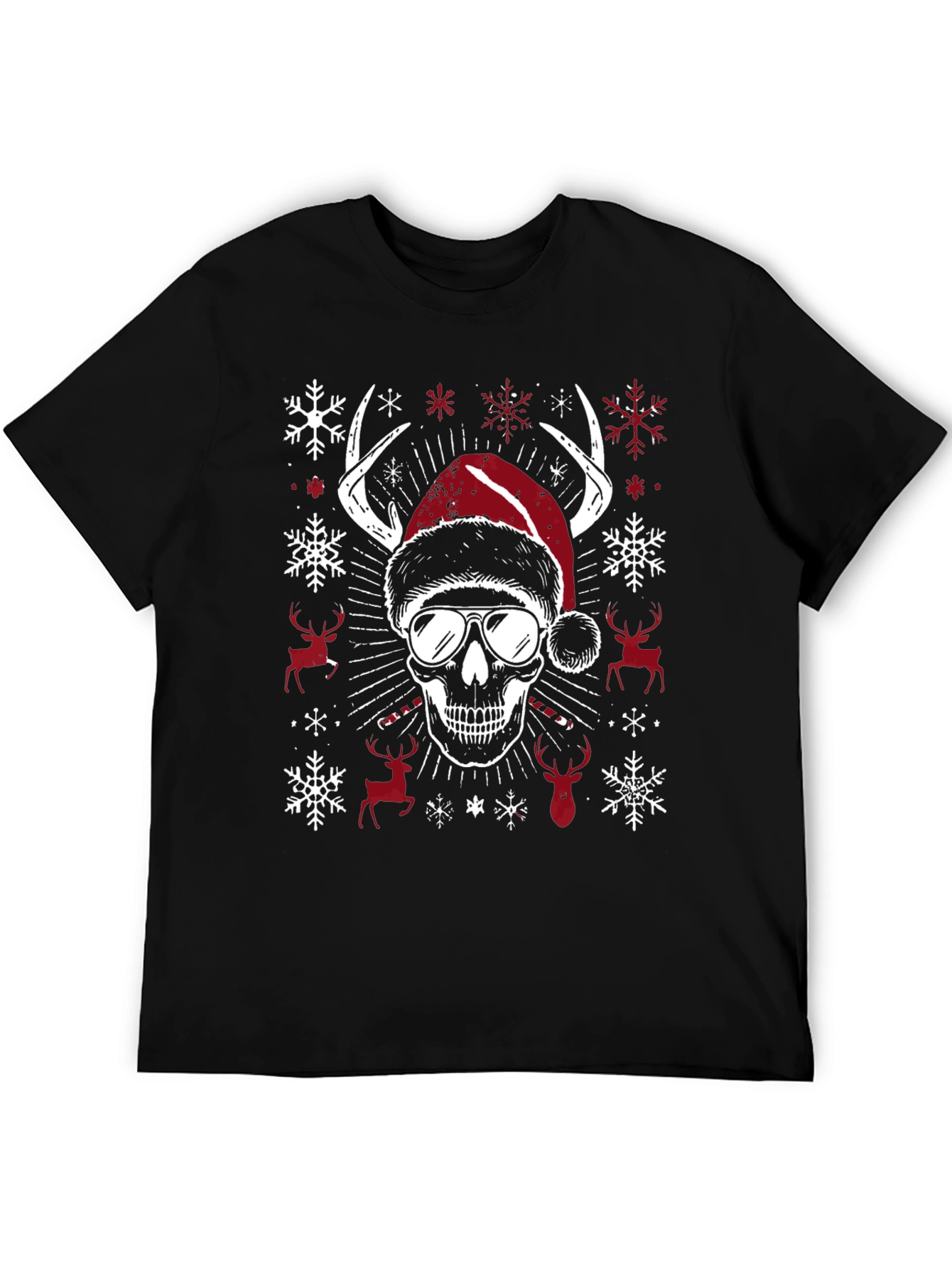 Skull Christmas T-Shirt with Antlers & Santa Hat