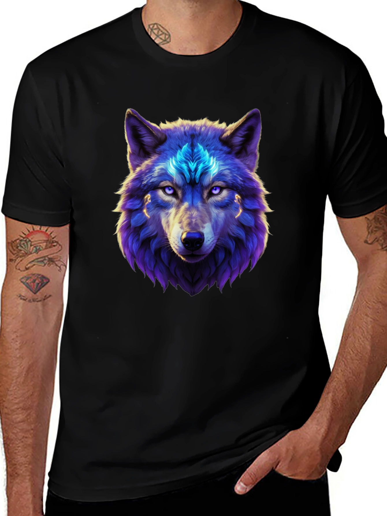 Mystic Wolf Graphic Tee - Black Cotton Blend T-Shirt