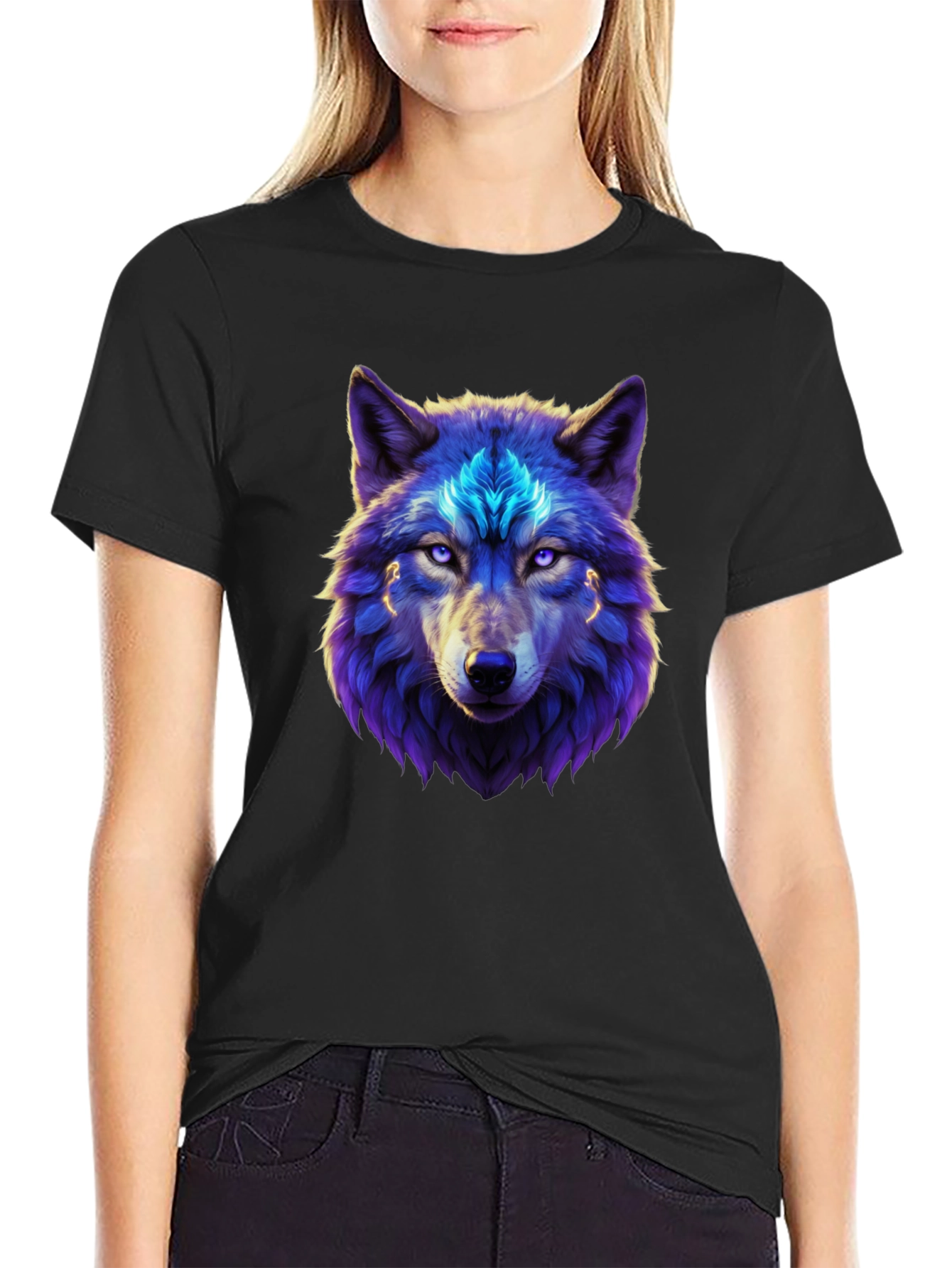 Mystic Wolf Graphic Tee - Black Cotton Blend T-Shirt