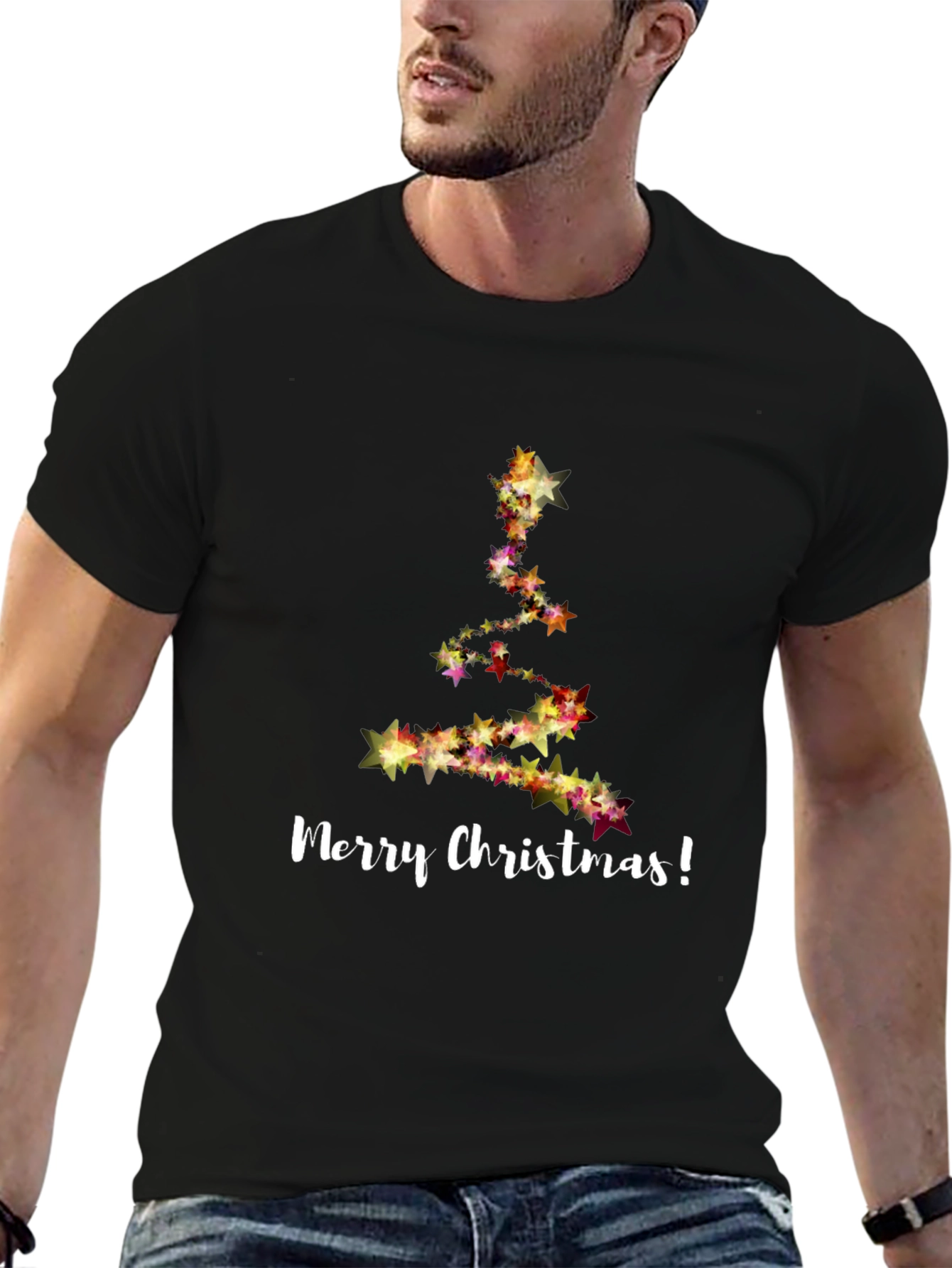 Merry Christmas Star Tree Black T-Shirt