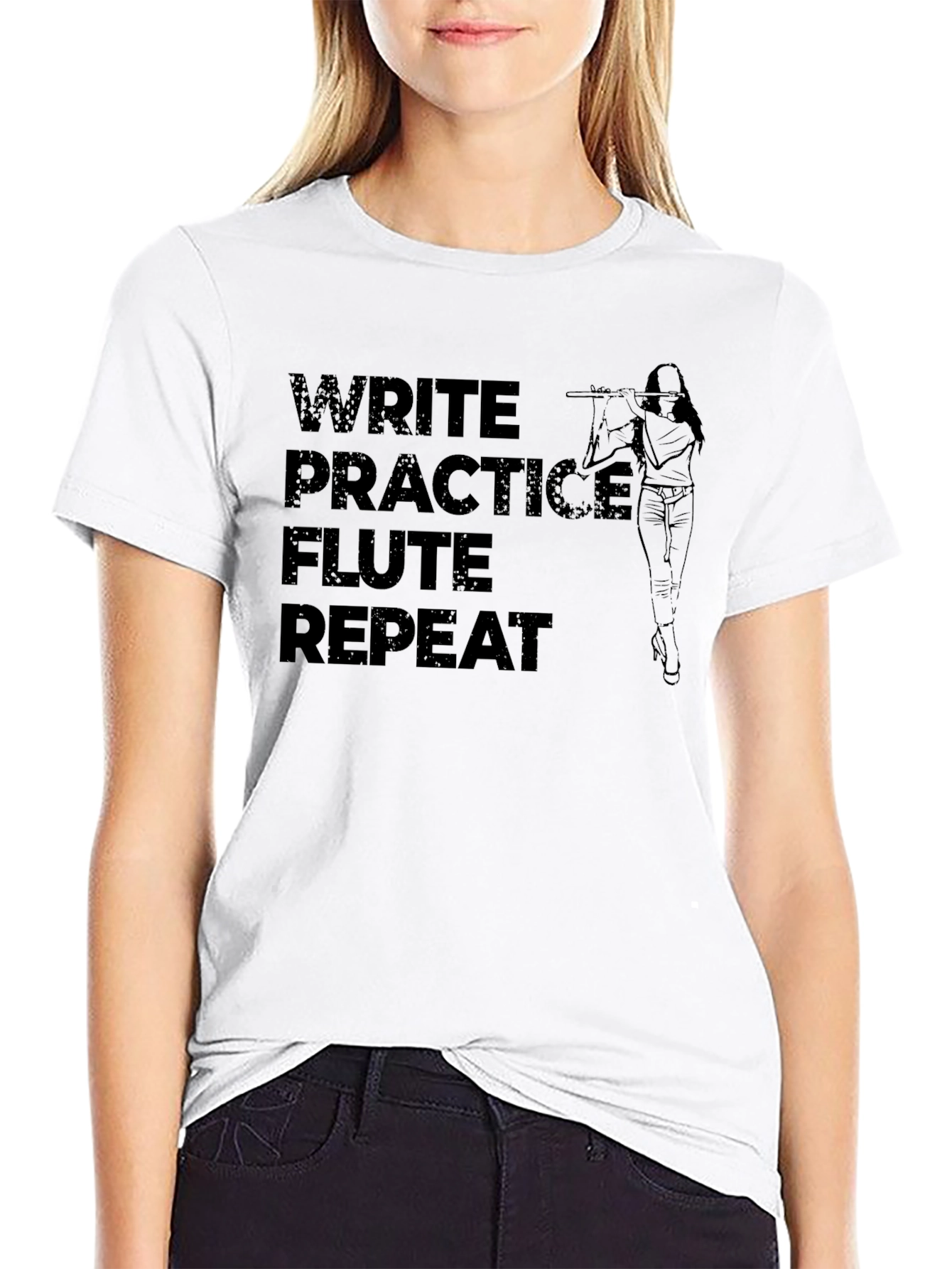 Write Practice Flute Repeat Black Graphic Tee