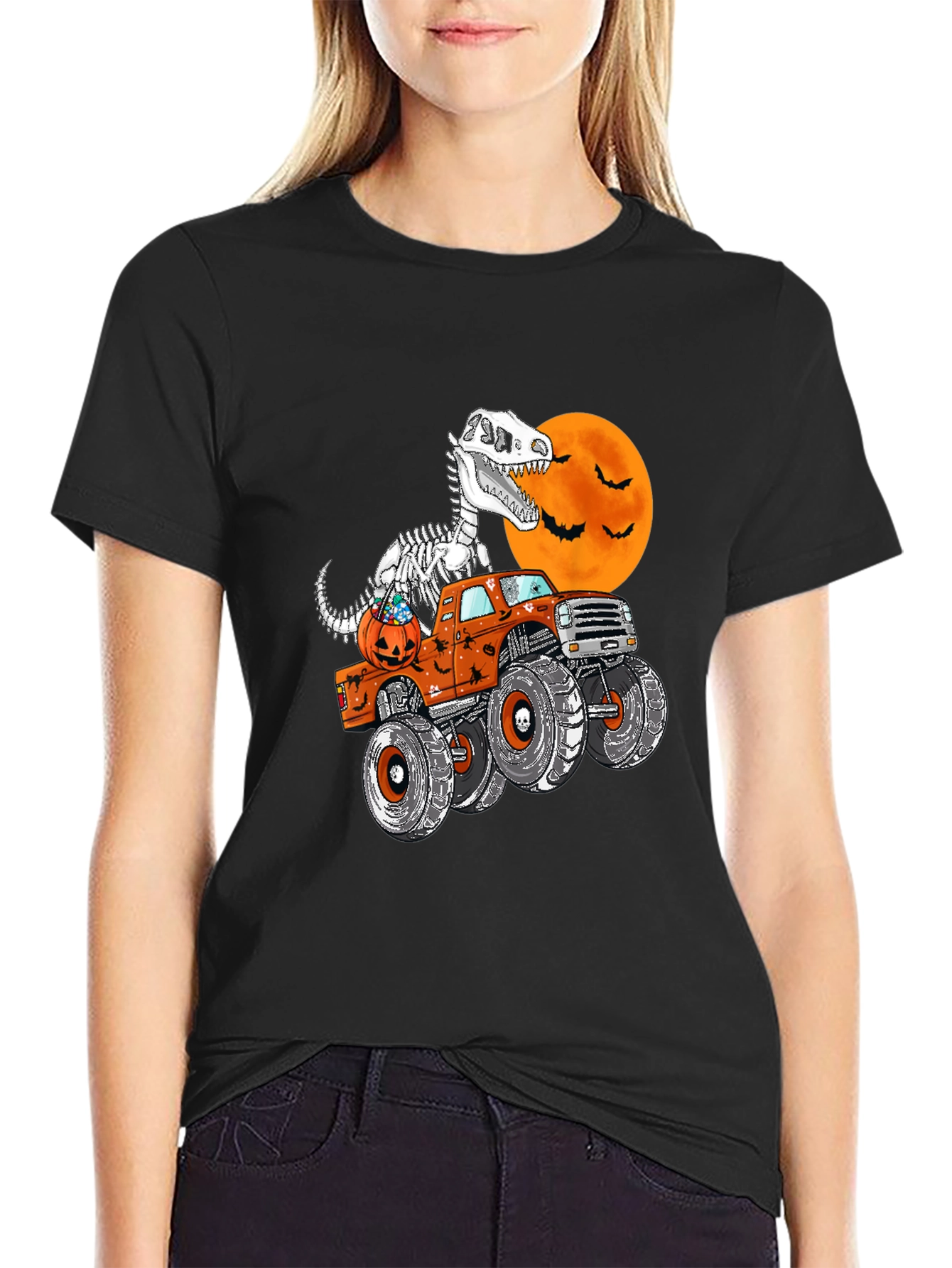 Halloween Dino Skeleton Monster Truck T-Shirt